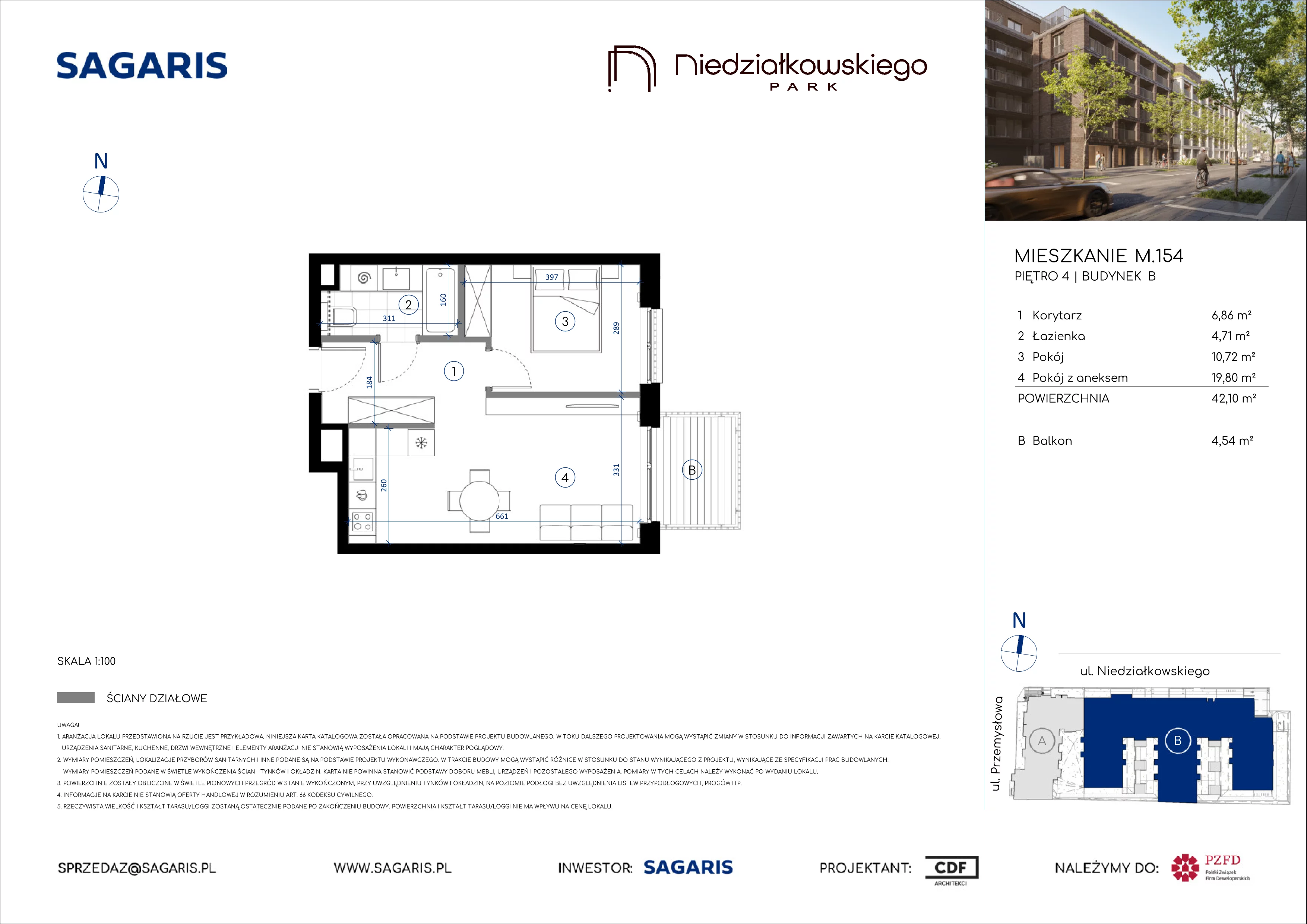 2 pokoje, mieszkanie 42,10 m², piętro 4, oferta nr M.154, Niedziałkowskiego Park, Poznań, Wilda, ul. Niedziałkowskiego Park