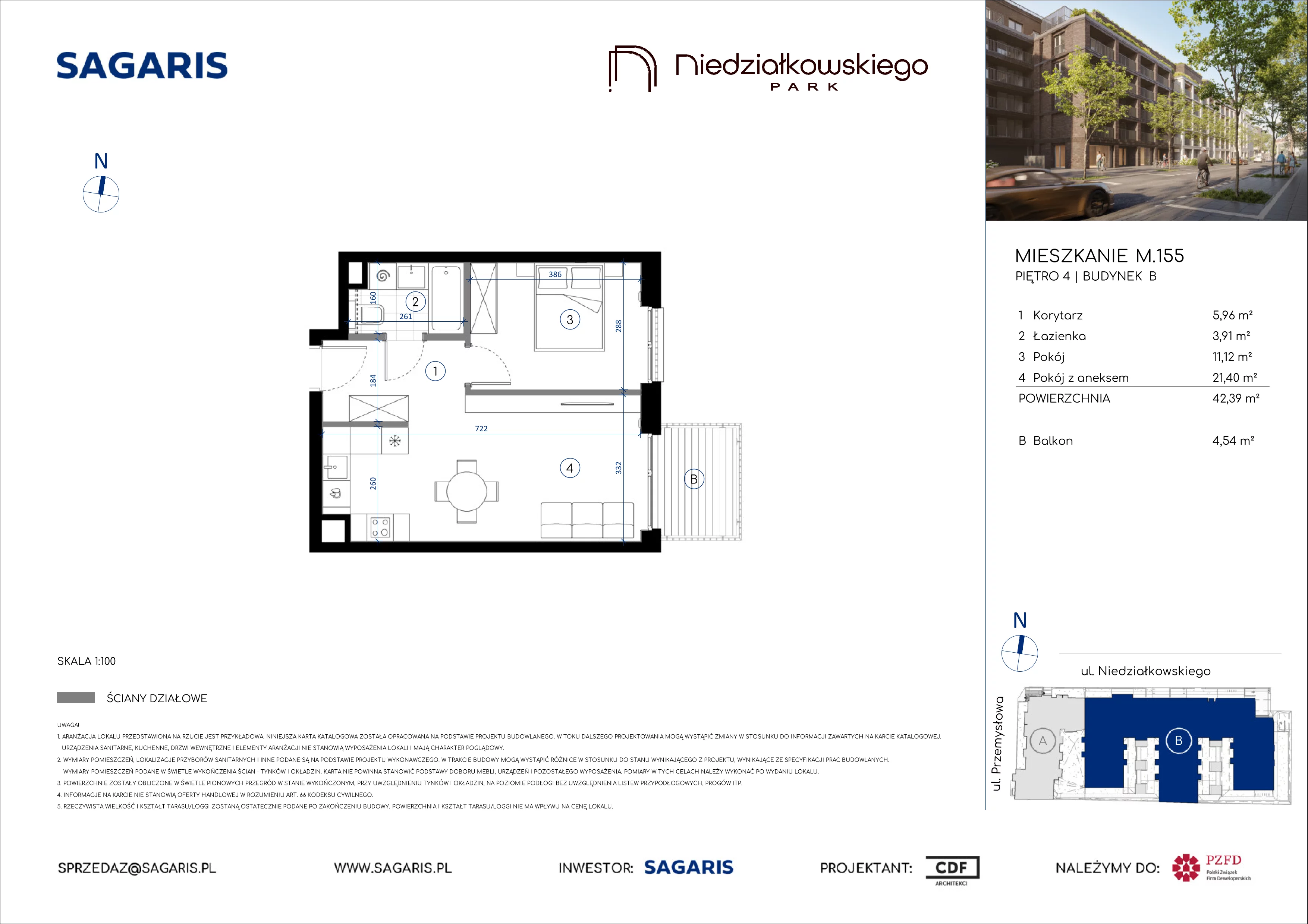 2 pokoje, mieszkanie 42,39 m², piętro 4, oferta nr M.155, Niedziałkowskiego Park, Poznań, Wilda, ul. Niedziałkowskiego Park