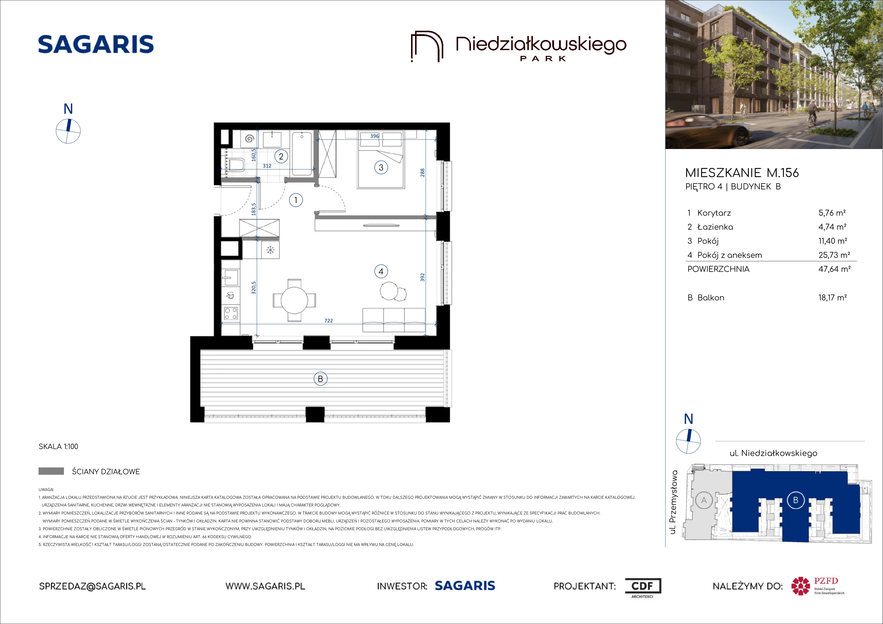 2 pokoje, mieszkanie 47,64 m², piętro 4, oferta nr M.156, Niedziałkowskiego Park, Poznań, Wilda, ul. Niedziałkowskiego Park