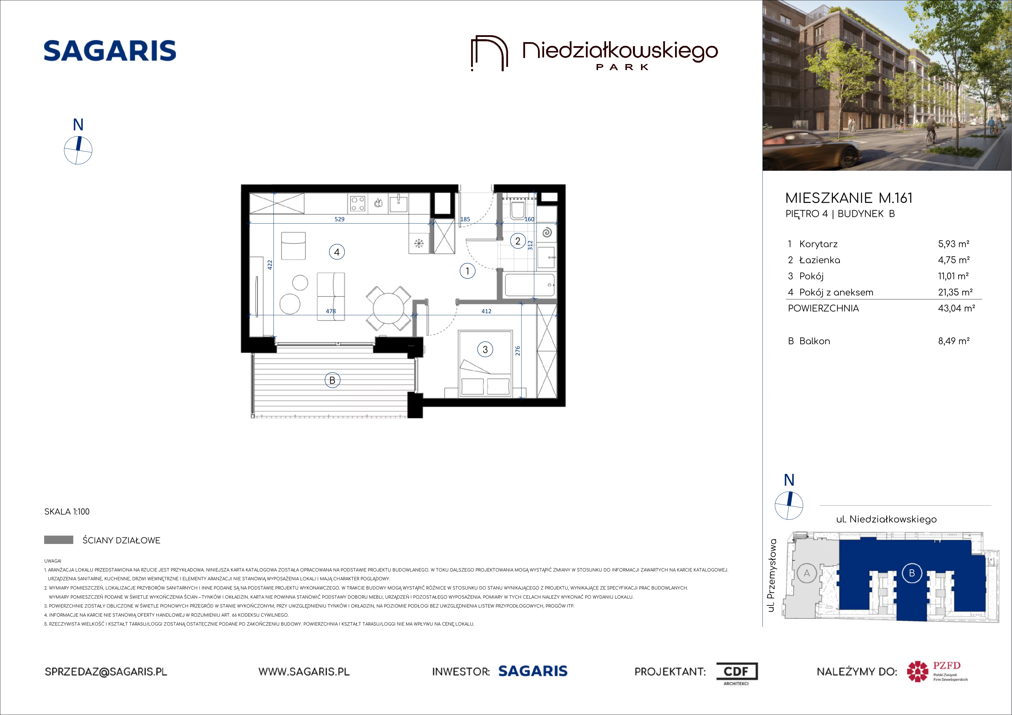 2 pokoje, mieszkanie 43,04 m², piętro 4, oferta nr M.161, Niedziałkowskiego Park, Poznań, Wilda, ul. Niedziałkowskiego Park
