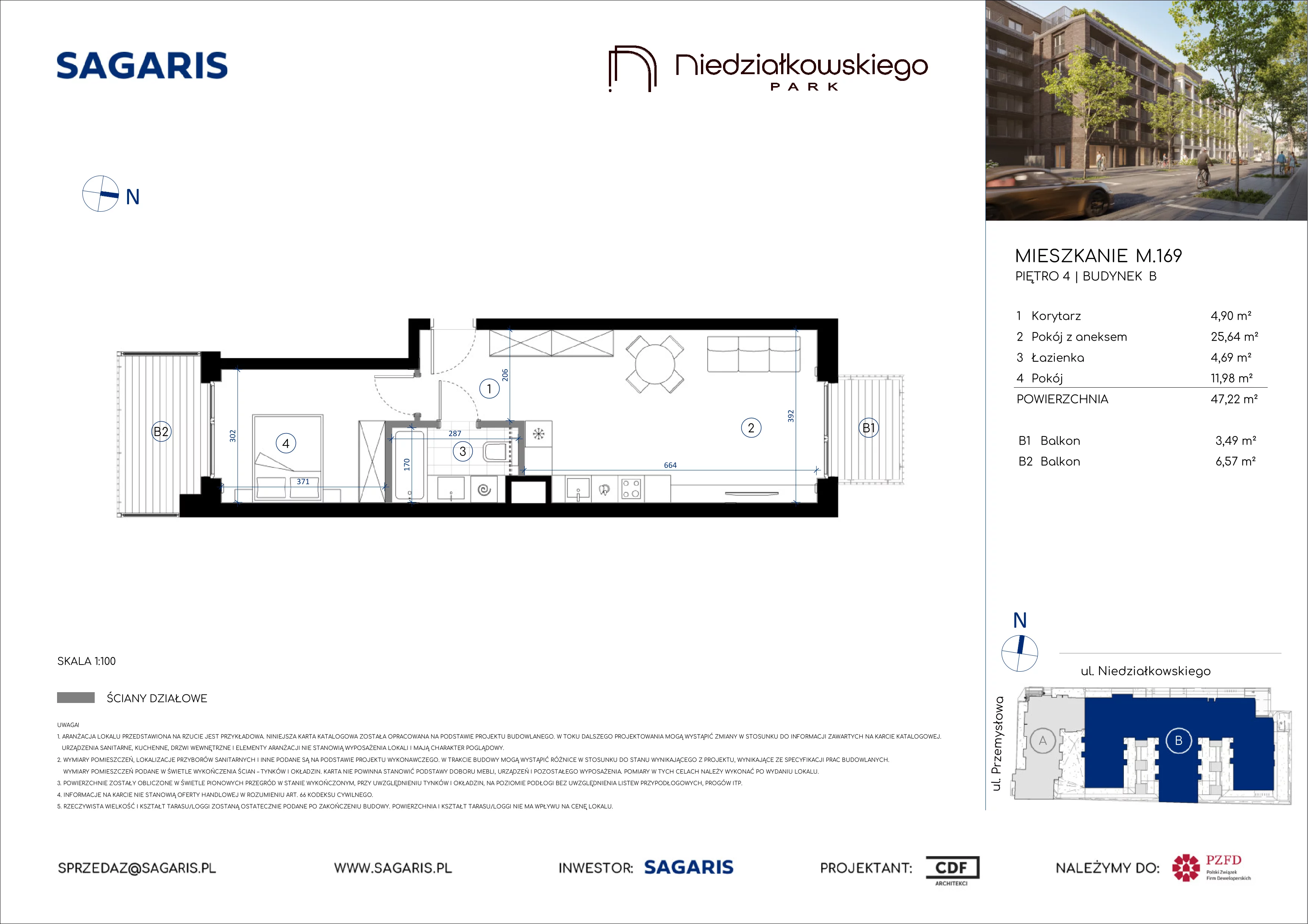 2 pokoje, mieszkanie 47,22 m², piętro 4, oferta nr M.169, Niedziałkowskiego Park, Poznań, Wilda, ul. Niedziałkowskiego Park