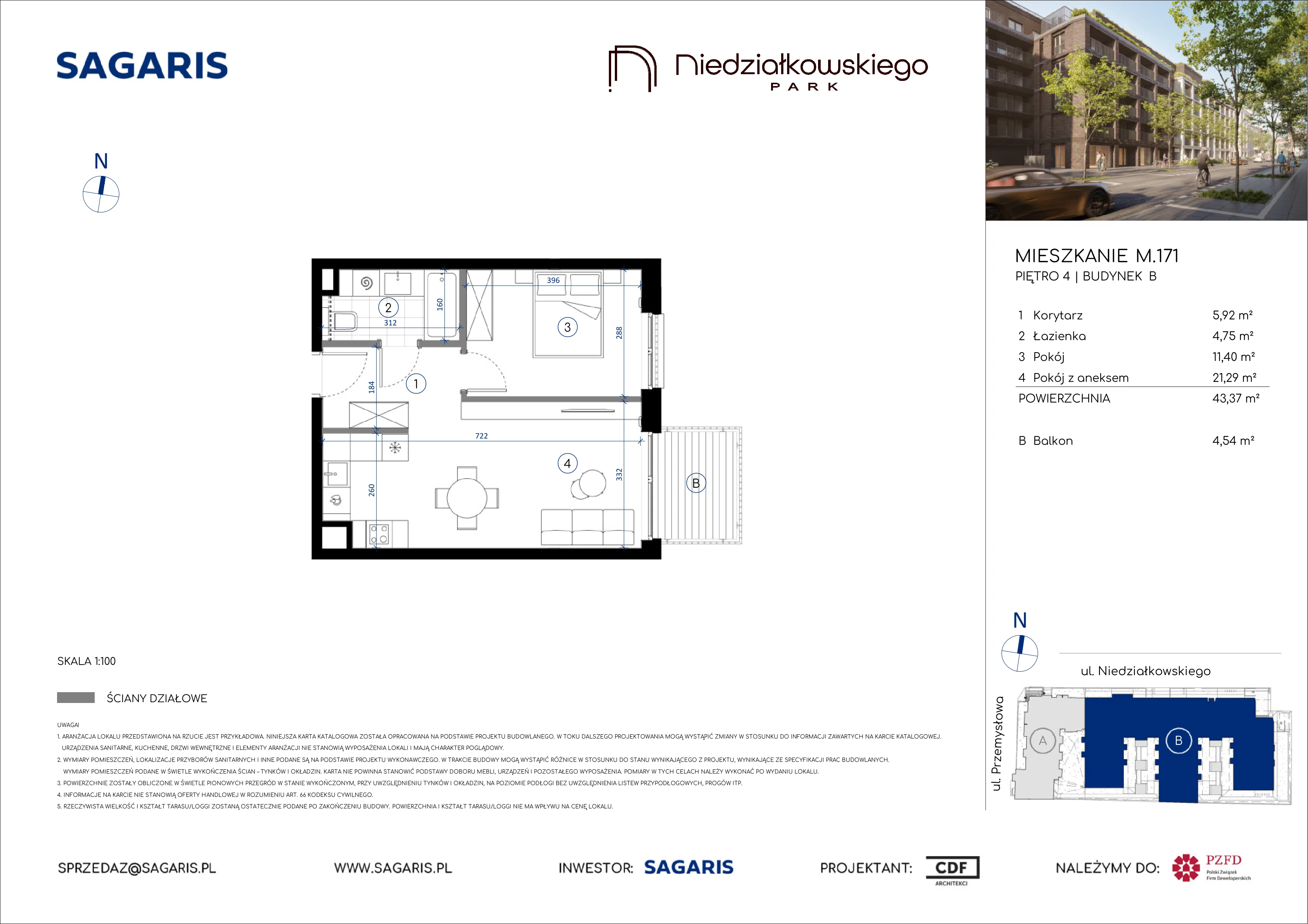 2 pokoje, mieszkanie 43,37 m², piętro 4, oferta nr M.171, Niedziałkowskiego Park, Poznań, Wilda, ul. Niedziałkowskiego Park