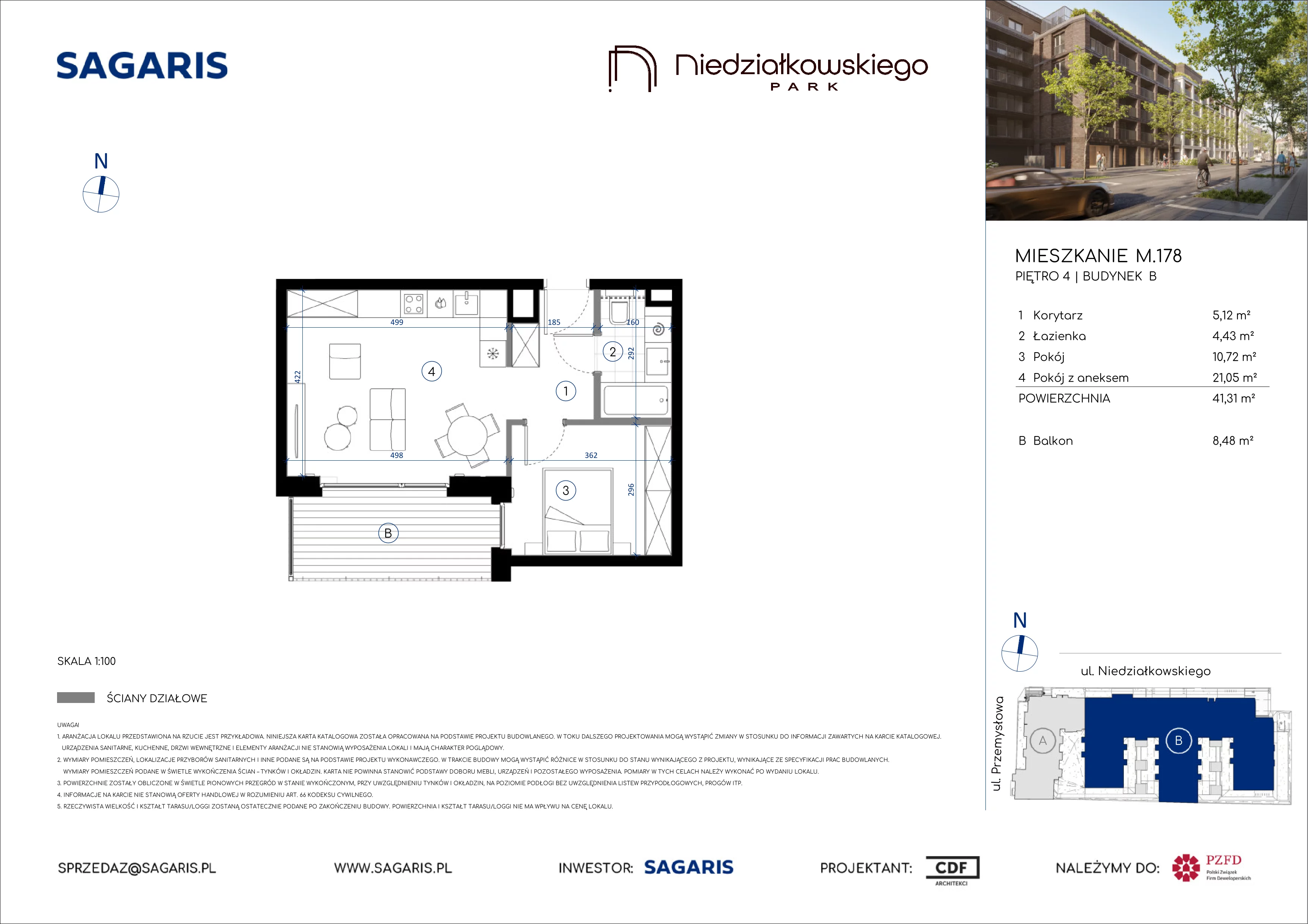 2 pokoje, mieszkanie 41,31 m², piętro 4, oferta nr M.178, Niedziałkowskiego Park, Poznań, Wilda, ul. Niedziałkowskiego Park