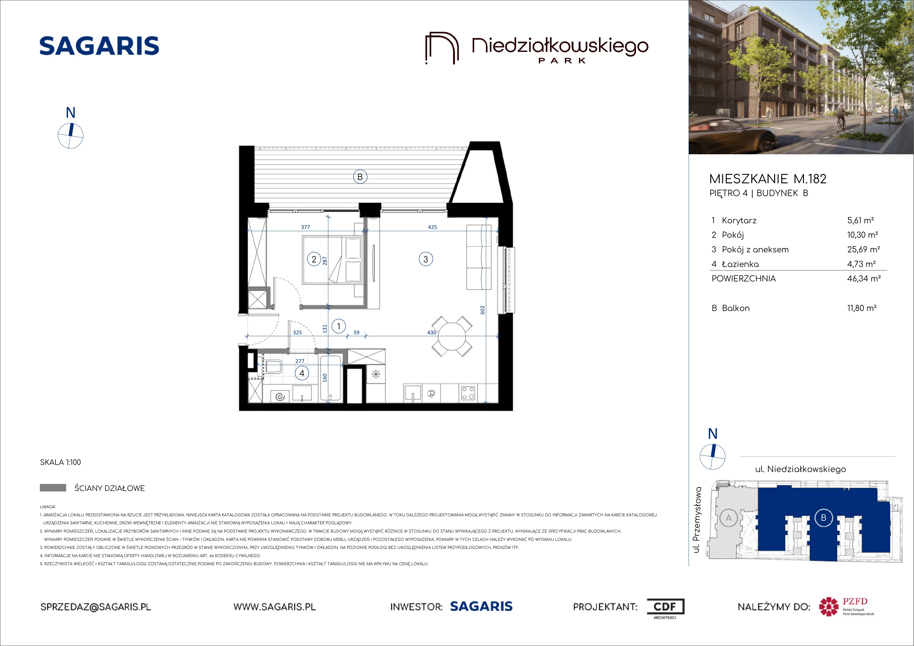 2 pokoje, mieszkanie 46,34 m², piętro 4, oferta nr M.182, Niedziałkowskiego Park, Poznań, Wilda, ul. Niedziałkowskiego Park