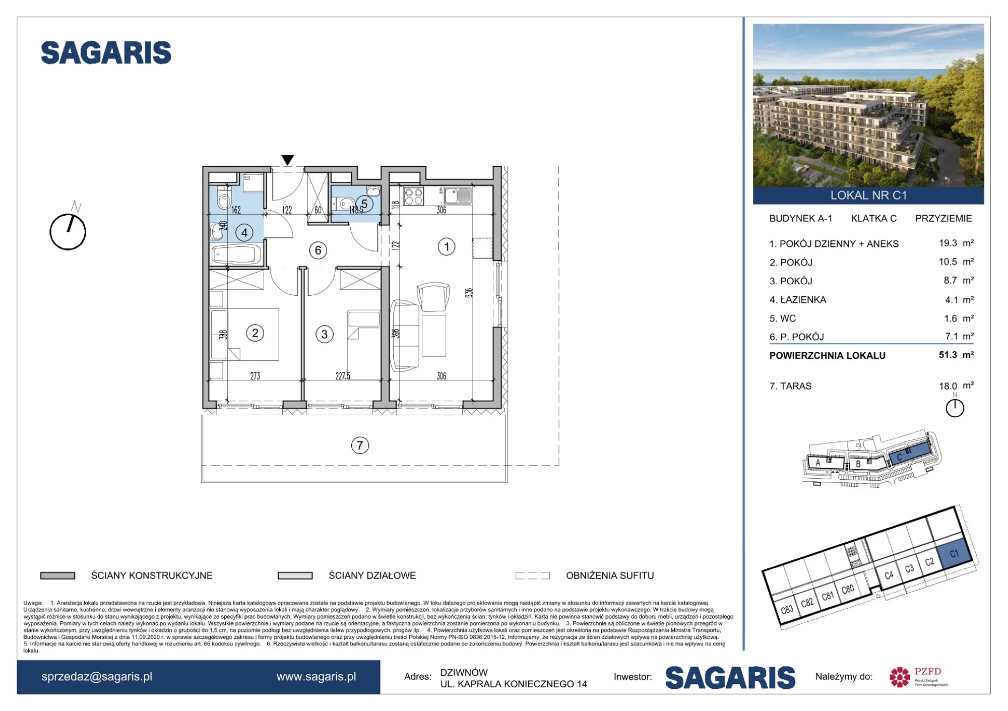 3 pokoje, apartament 51,30 m², przyziemie, oferta nr C1, ESSENSE Baltic Resort, Dziwnów, ul. Kaprala Koniecznego 14