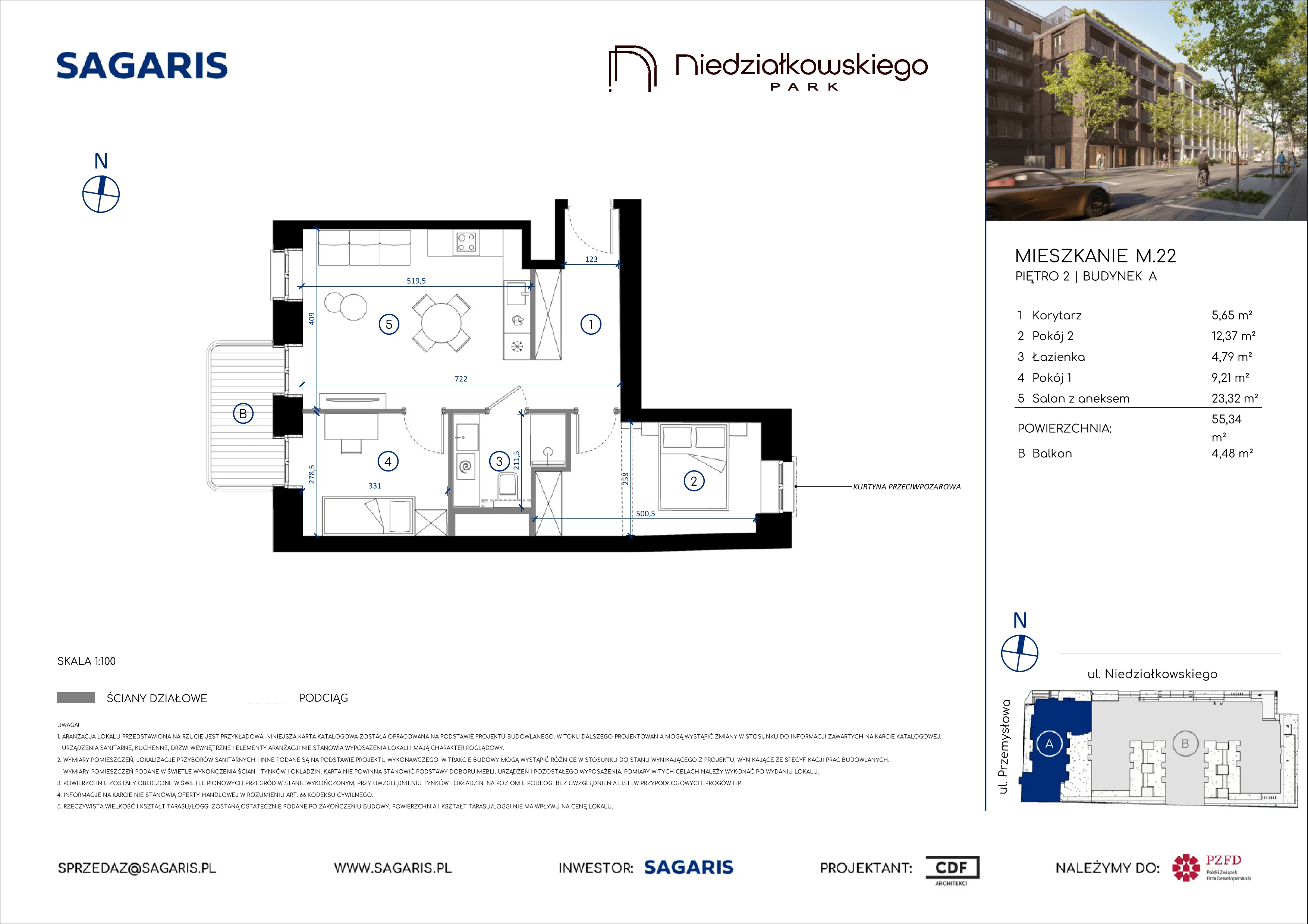 3 pokoje, mieszkanie 55,34 m², piętro 2, oferta nr M.22, Niedziałkowskiego Park, Poznań, Wilda, ul. Niedziałkowskiego Park