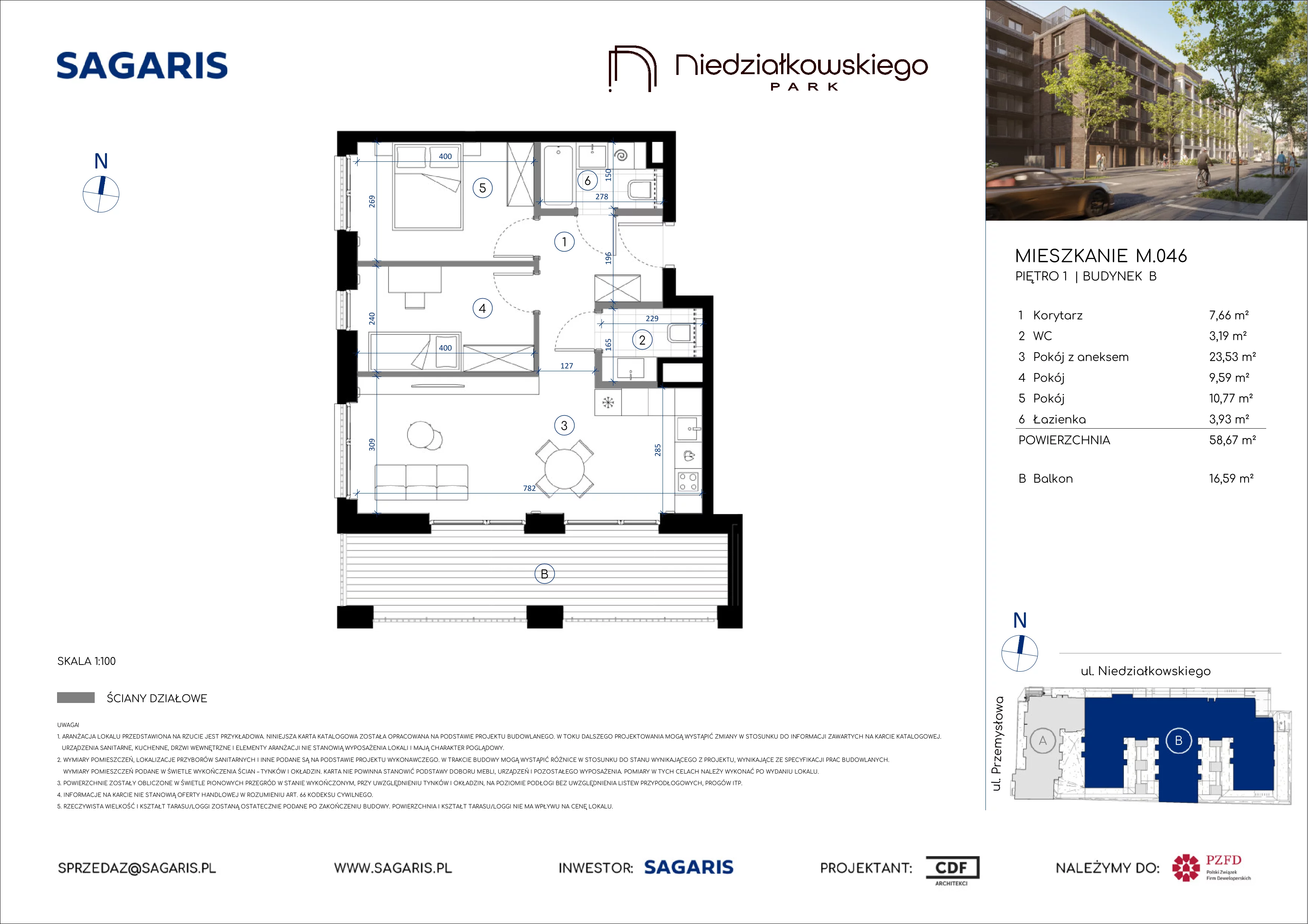 3 pokoje, mieszkanie 58,67 m², piętro 1, oferta nr M.046, Niedziałkowskiego Park, Poznań, Wilda, ul. Niedziałkowskiego Park