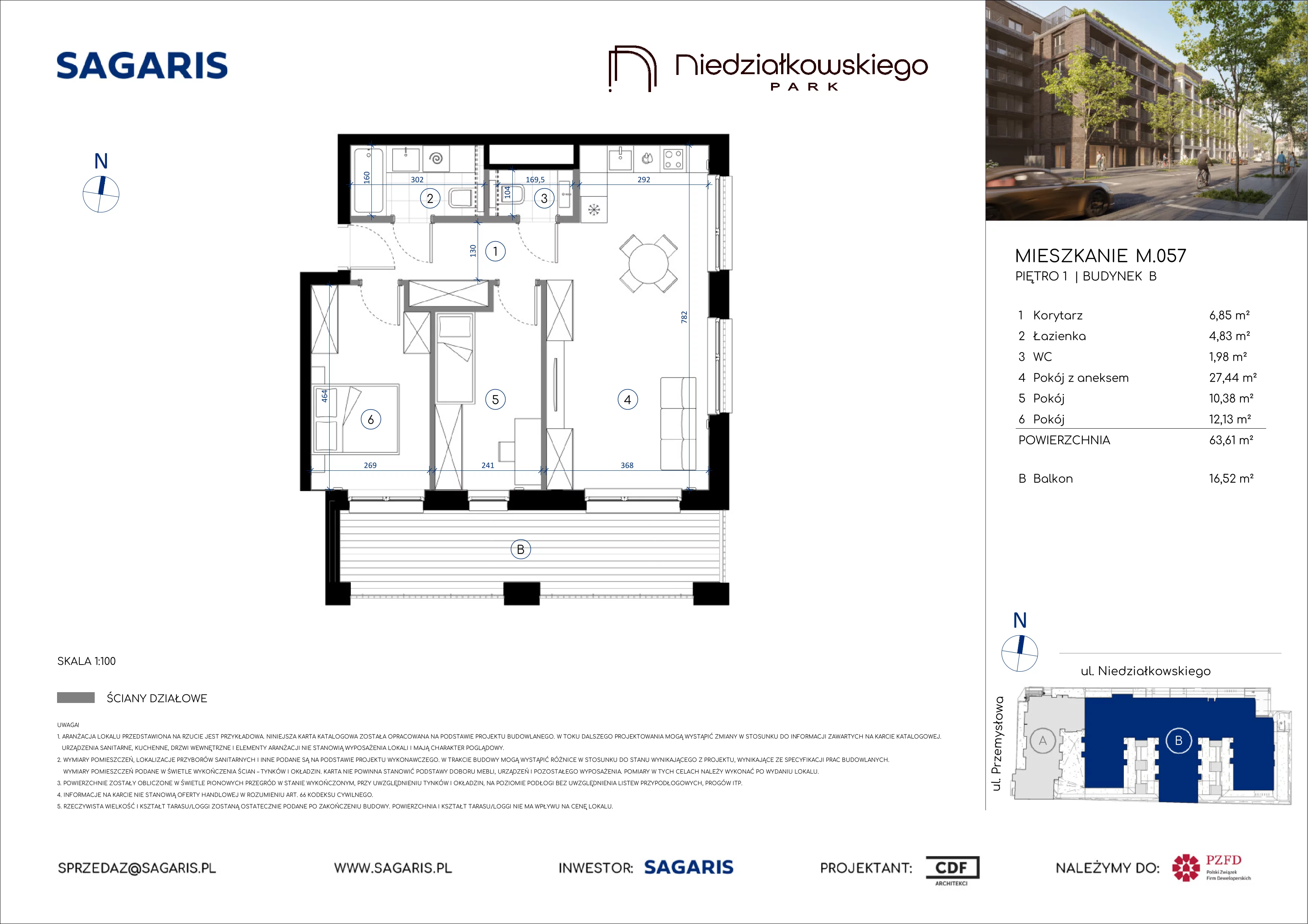 3 pokoje, mieszkanie 63,61 m², piętro 1, oferta nr M.057, Niedziałkowskiego Park, Poznań, Wilda, ul. Niedziałkowskiego Park