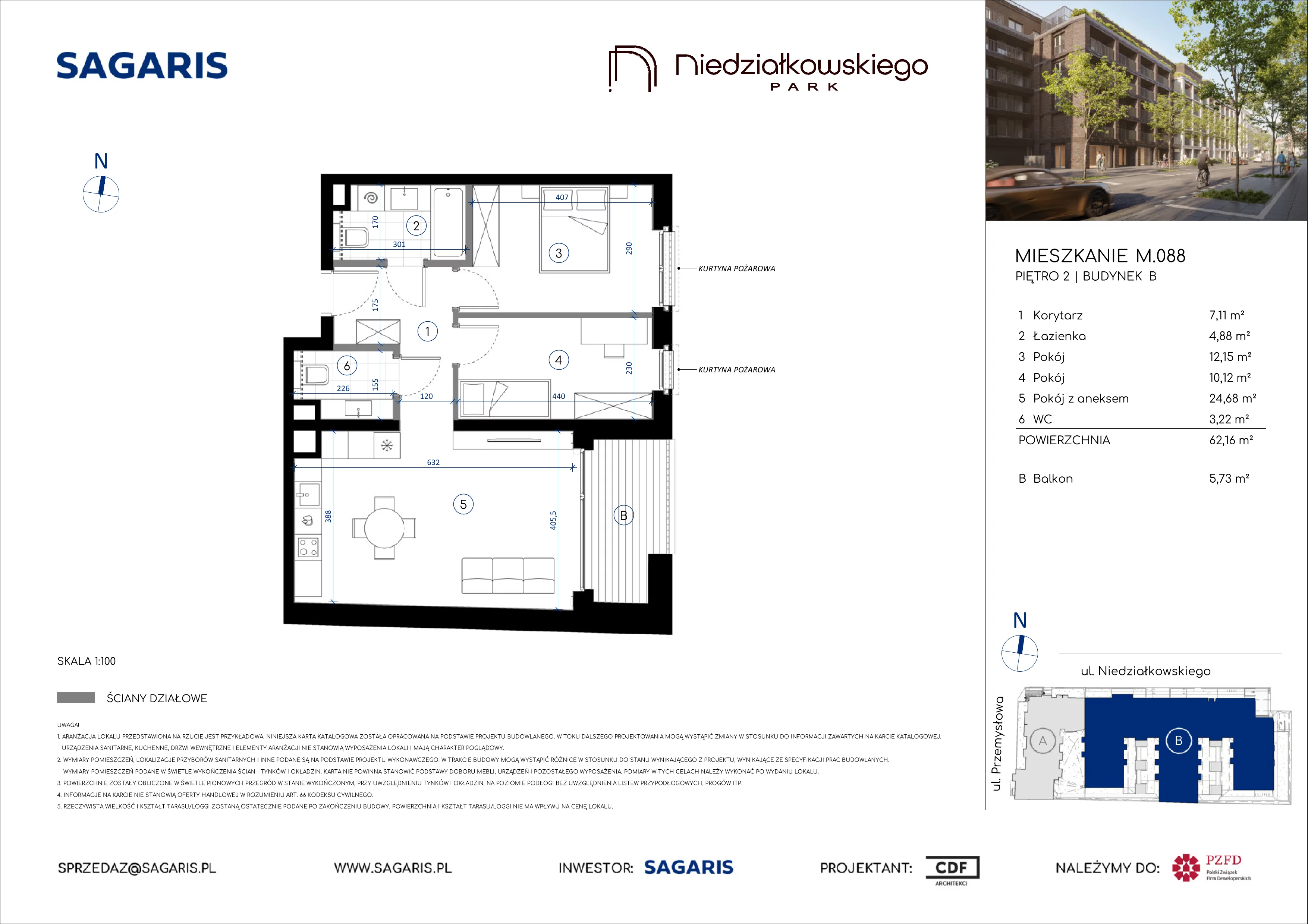 3 pokoje, mieszkanie 62,16 m², piętro 2, oferta nr M.088, Niedziałkowskiego Park, Poznań, Wilda, ul. Niedziałkowskiego Park