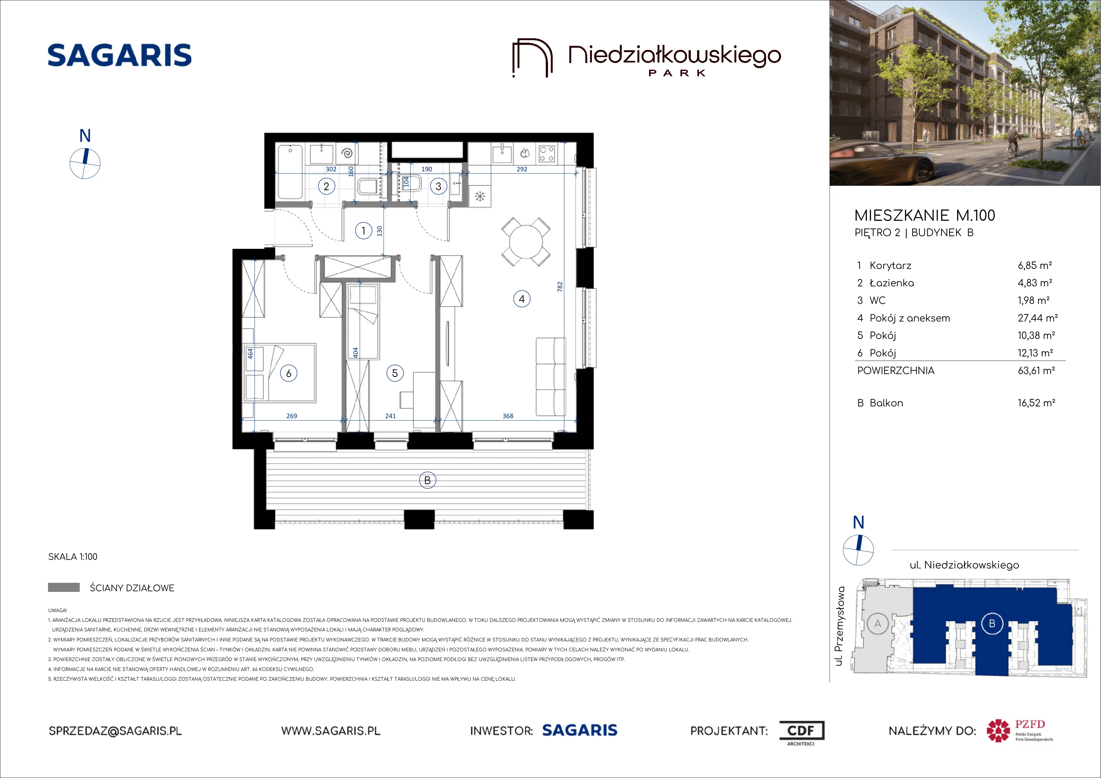 3 pokoje, mieszkanie 63,61 m², piętro 2, oferta nr M.100, Niedziałkowskiego Park, Poznań, Wilda, ul. Niedziałkowskiego Park
