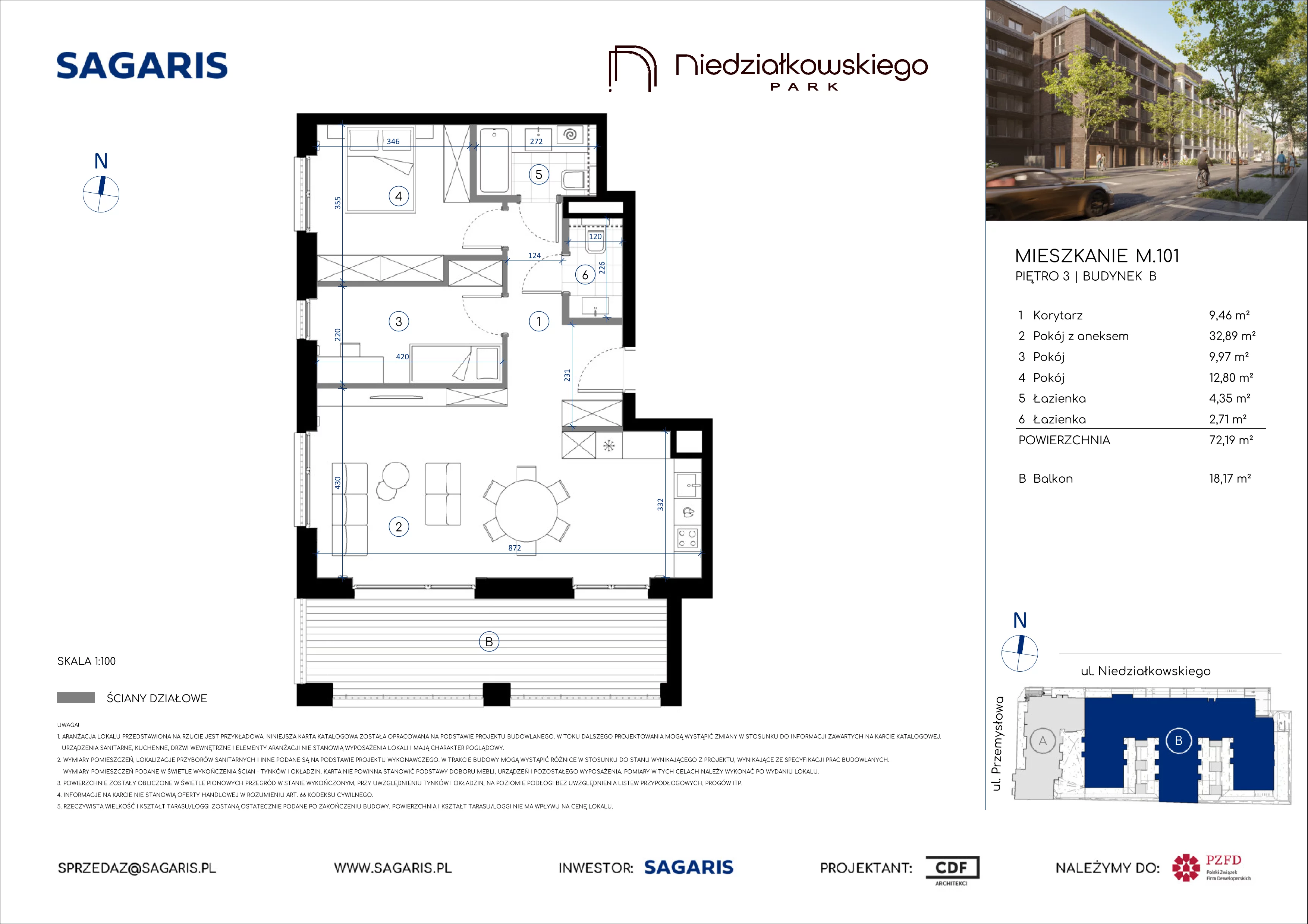 3 pokoje, mieszkanie 72,19 m², piętro 3, oferta nr M.101, Niedziałkowskiego Park, Poznań, Wilda, ul. Niedziałkowskiego Park