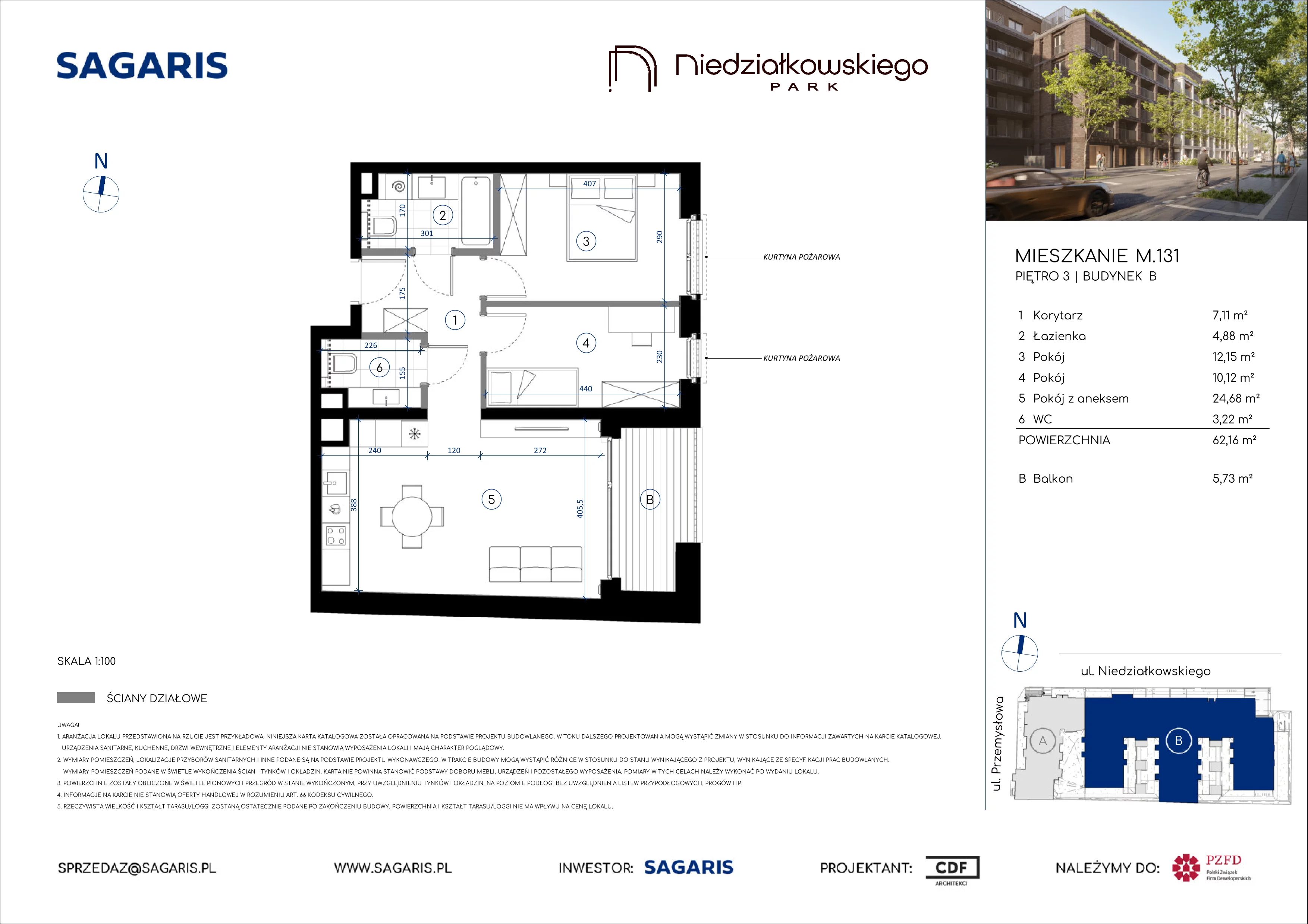 3 pokoje, mieszkanie 62,16 m², piętro 3, oferta nr M.131, Niedziałkowskiego Park, Poznań, Wilda, ul. Niedziałkowskiego Park