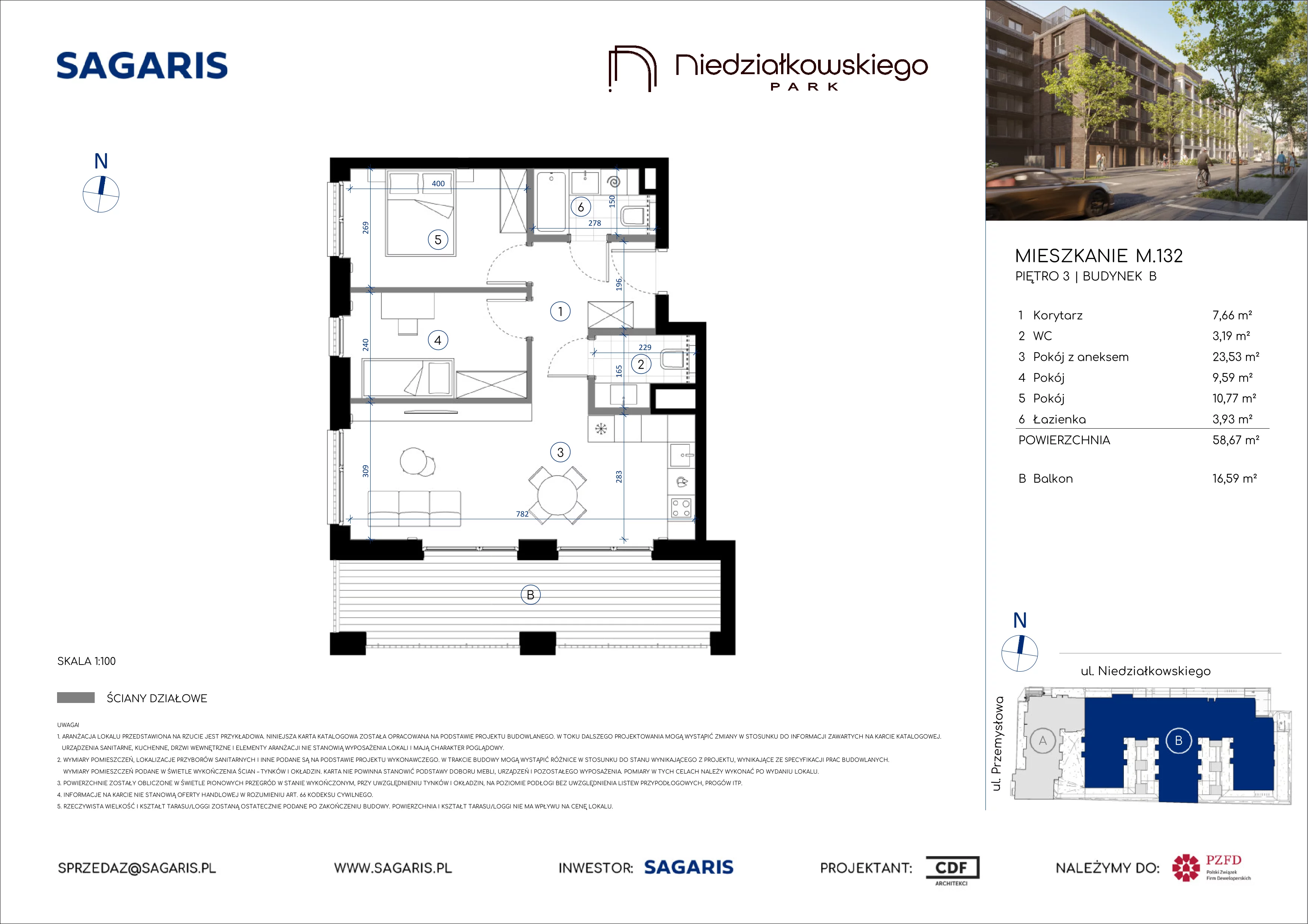 3 pokoje, mieszkanie 58,67 m², piętro 3, oferta nr M.132, Niedziałkowskiego Park, Poznań, Wilda, ul. Niedziałkowskiego Park
