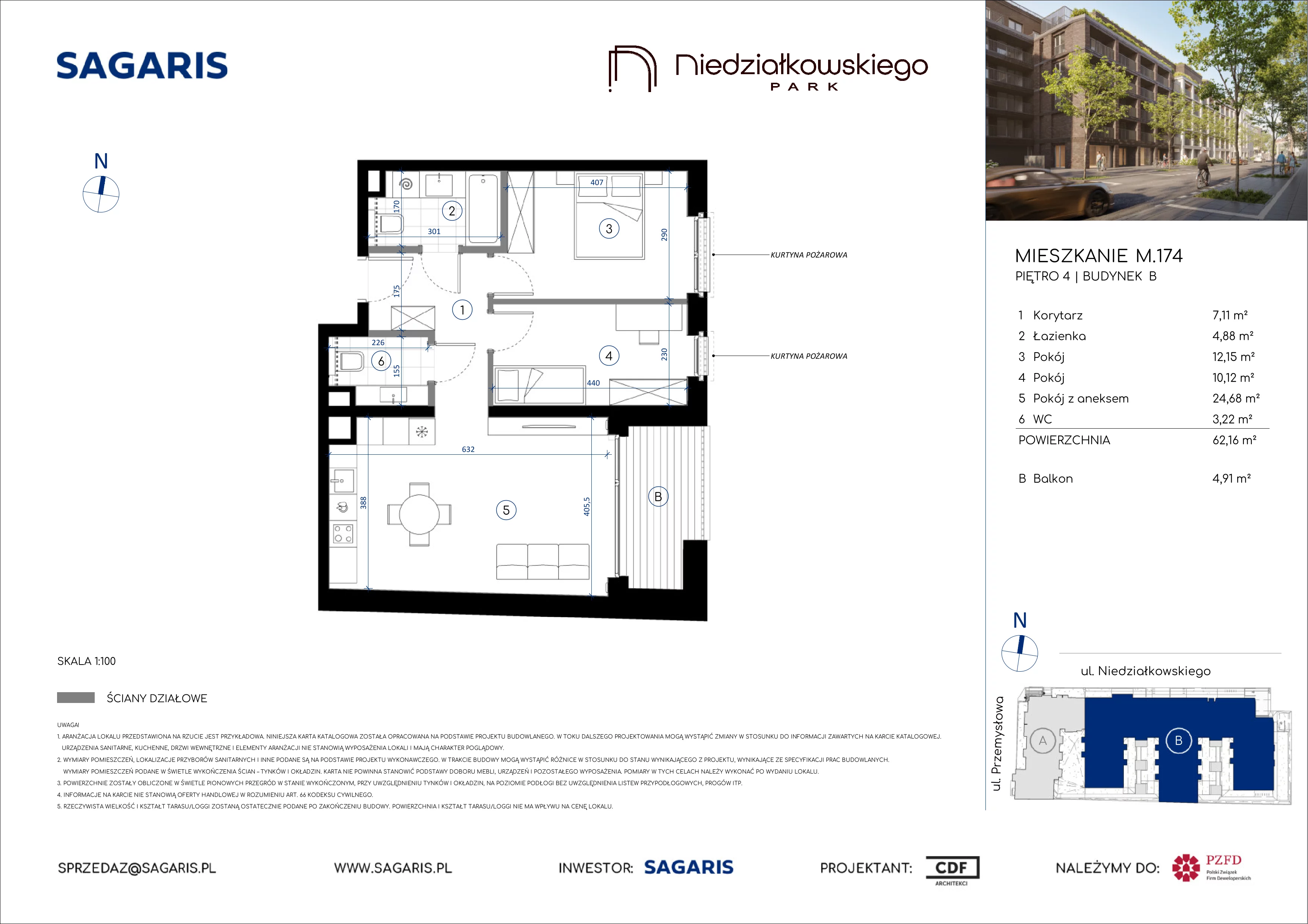 3 pokoje, mieszkanie 62,16 m², piętro 4, oferta nr M.174, Niedziałkowskiego Park, Poznań, Wilda, ul. Niedziałkowskiego Park
