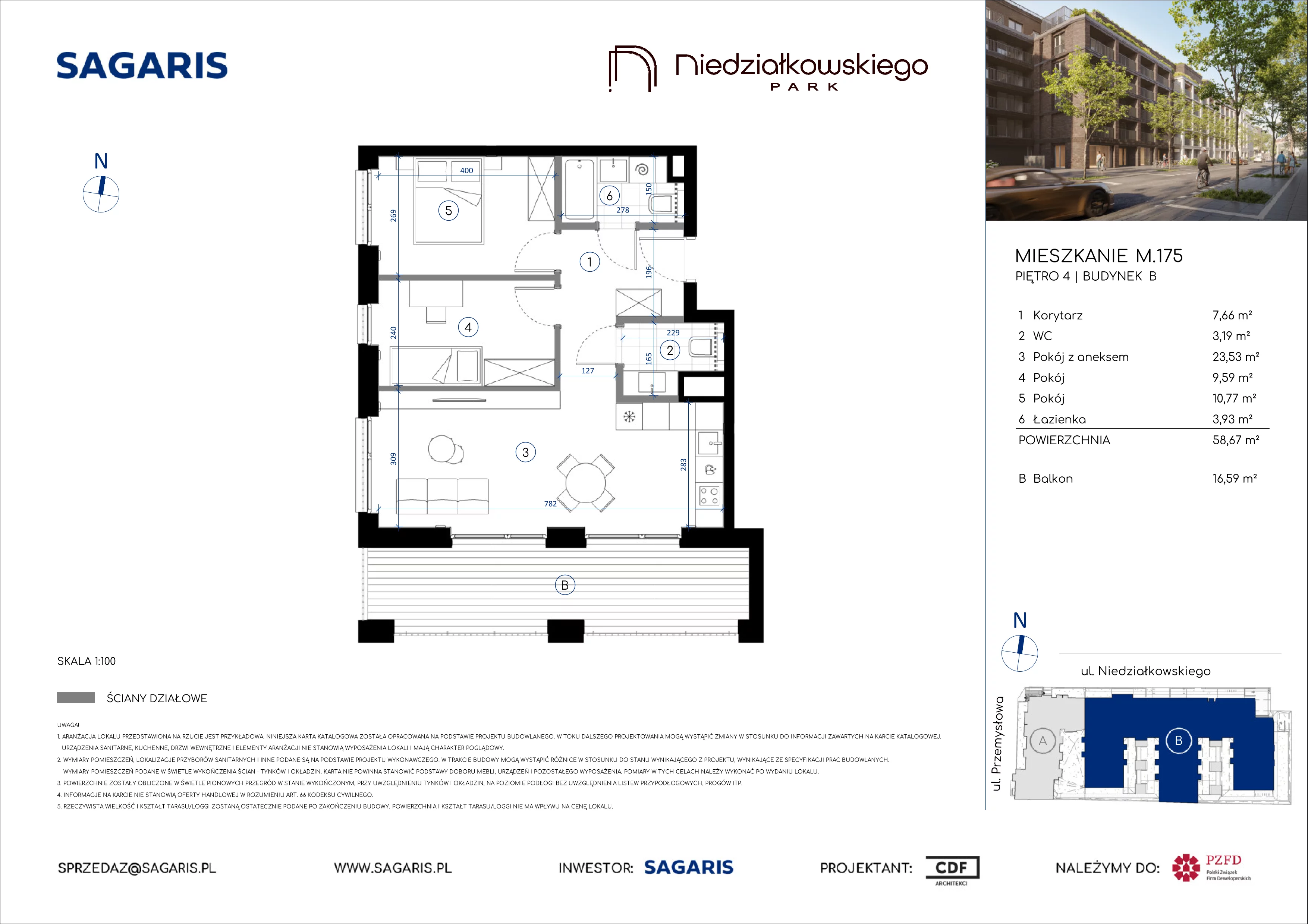 3 pokoje, mieszkanie 58,67 m², piętro 4, oferta nr M.175, Niedziałkowskiego Park, Poznań, Wilda, ul. Niedziałkowskiego Park