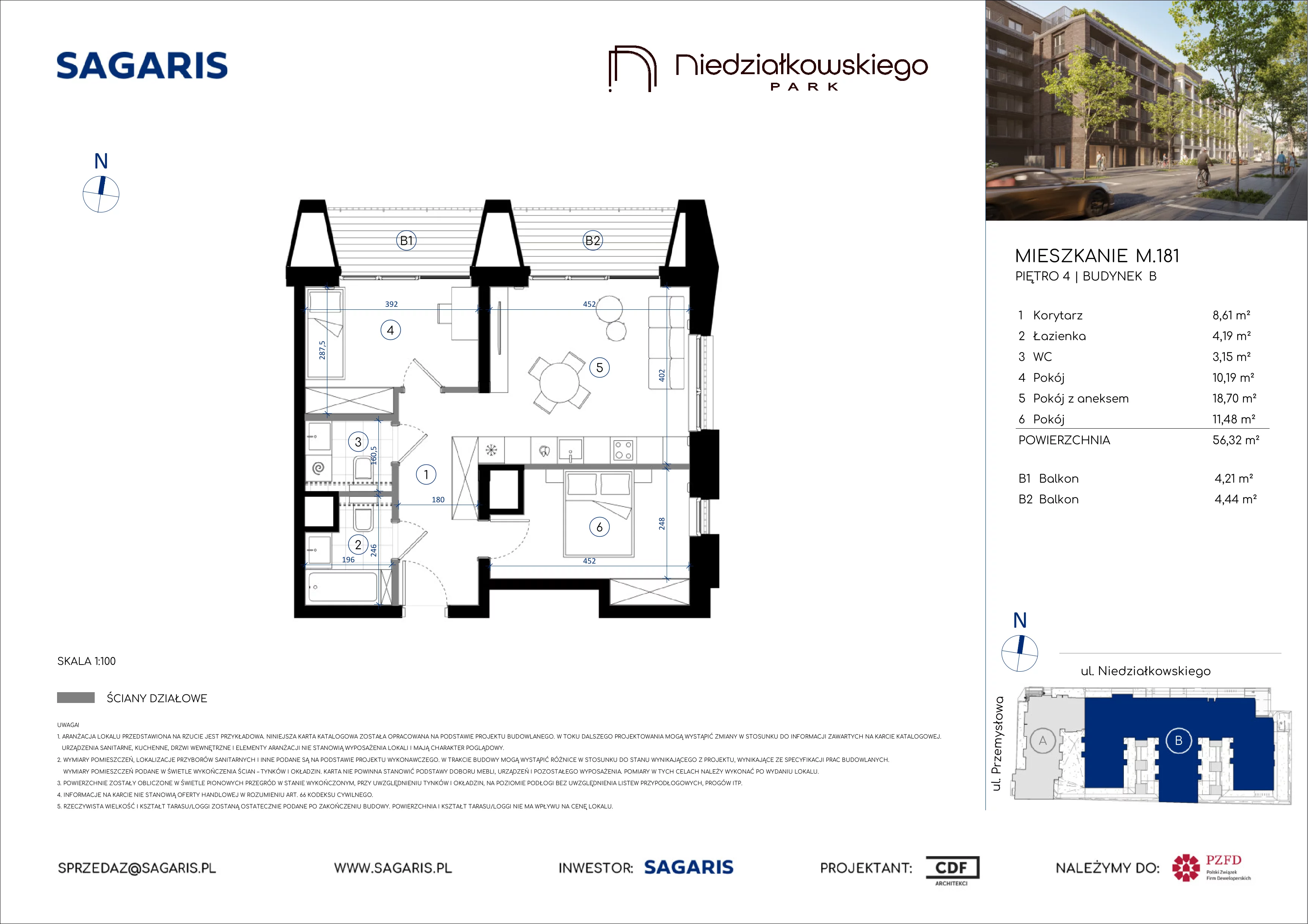 3 pokoje, mieszkanie 56,32 m², piętro 4, oferta nr M.181, Niedziałkowskiego Park, Poznań, Wilda, ul. Niedziałkowskiego Park