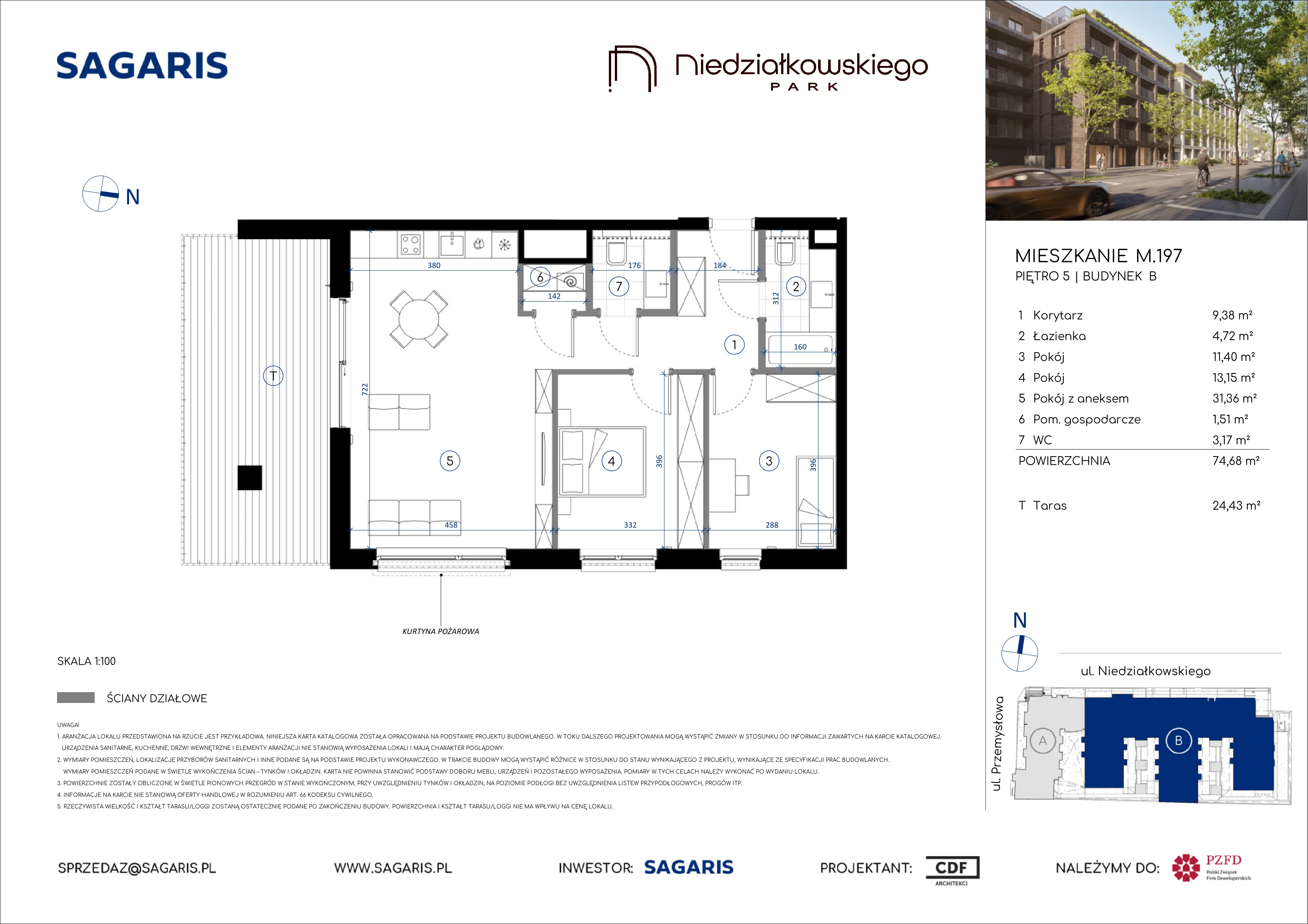 3 pokoje, mieszkanie 74,68 m², piętro 5, oferta nr M.197, Niedziałkowskiego Park, Poznań, Wilda, ul. Niedziałkowskiego Park