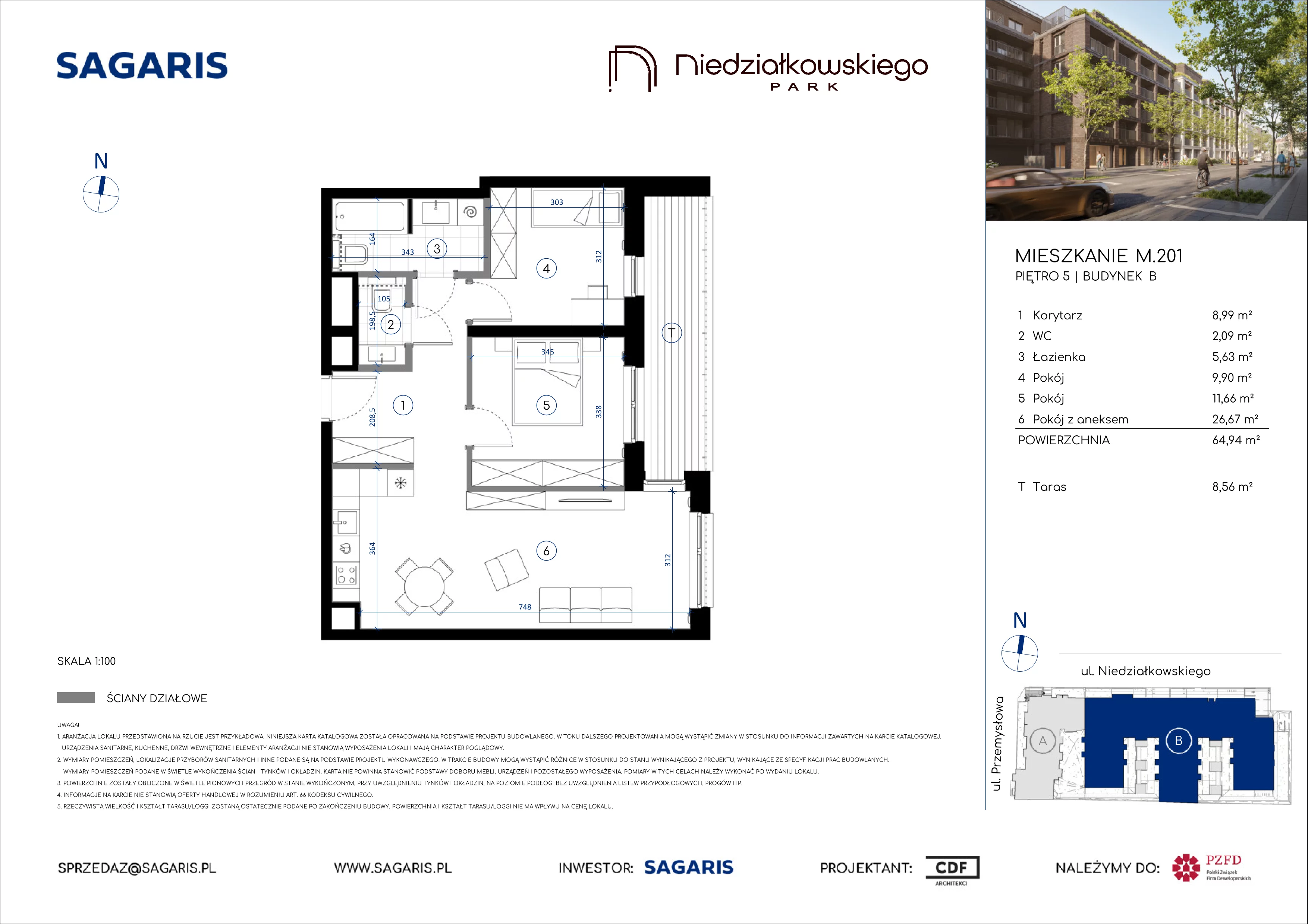 3 pokoje, mieszkanie 64,85 m², piętro 5, oferta nr M.201, Niedziałkowskiego Park, Poznań, Wilda, ul. Niedziałkowskiego Park