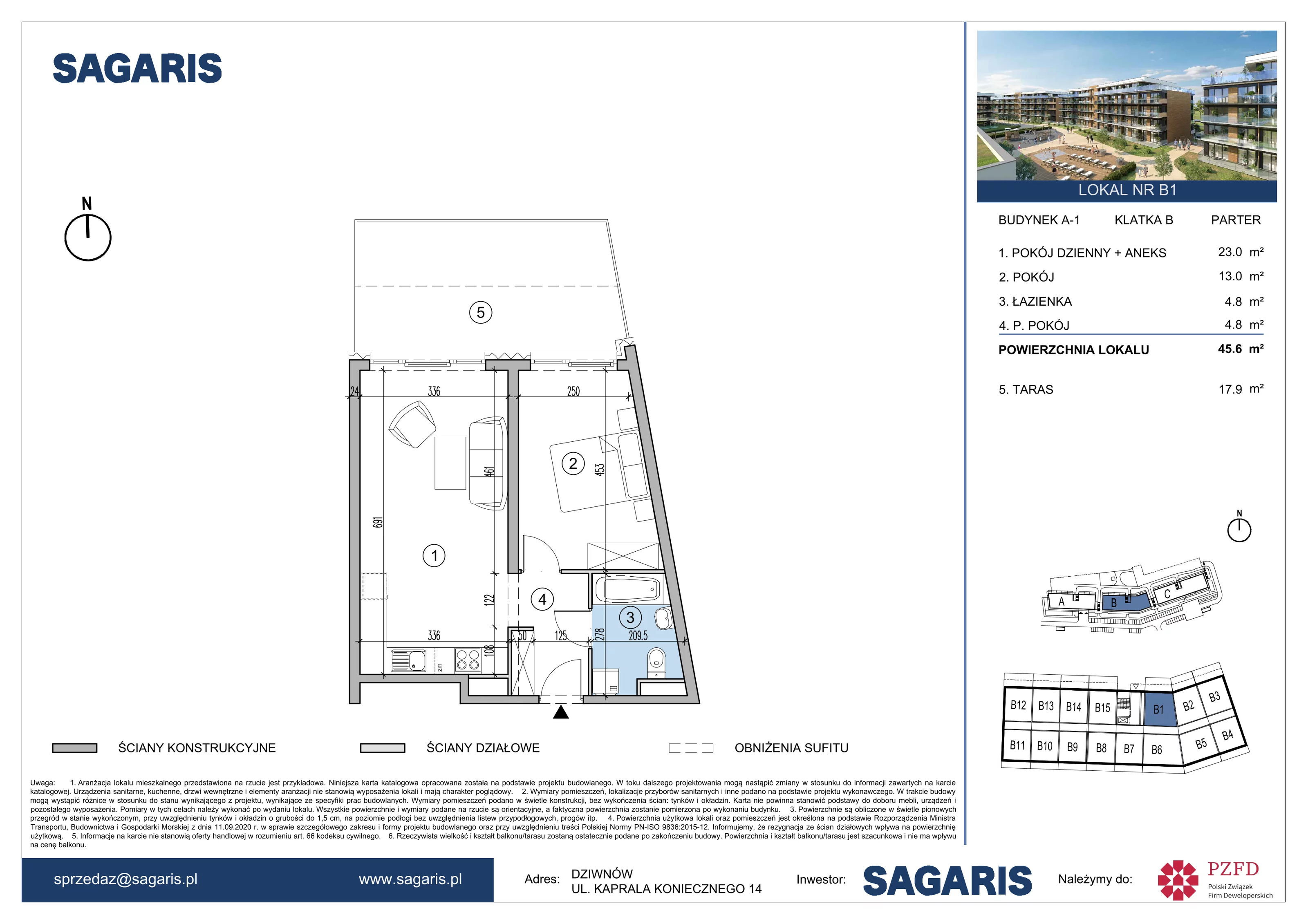 Mieszkanie 45,60 m², parter, oferta nr B1, ESSENSE Baltic Resort, Dziwnów, ul. Kaprala Koniecznego 14