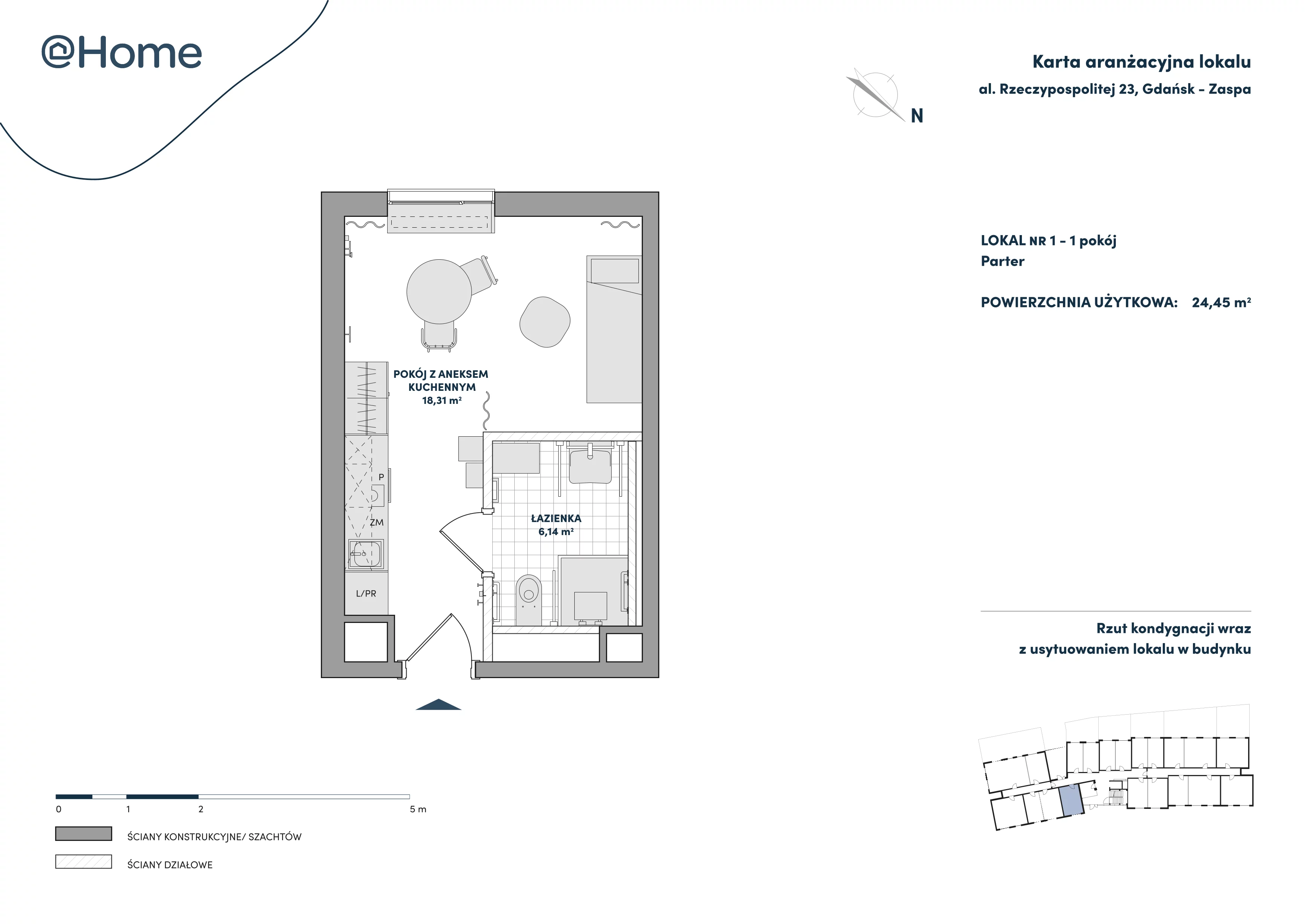 1 pokój, lokal inwestycyjny 24,45 m², parter, oferta nr 1, At Home, Gdańsk, Zaspa, Al. Rzeczypospolitej 23