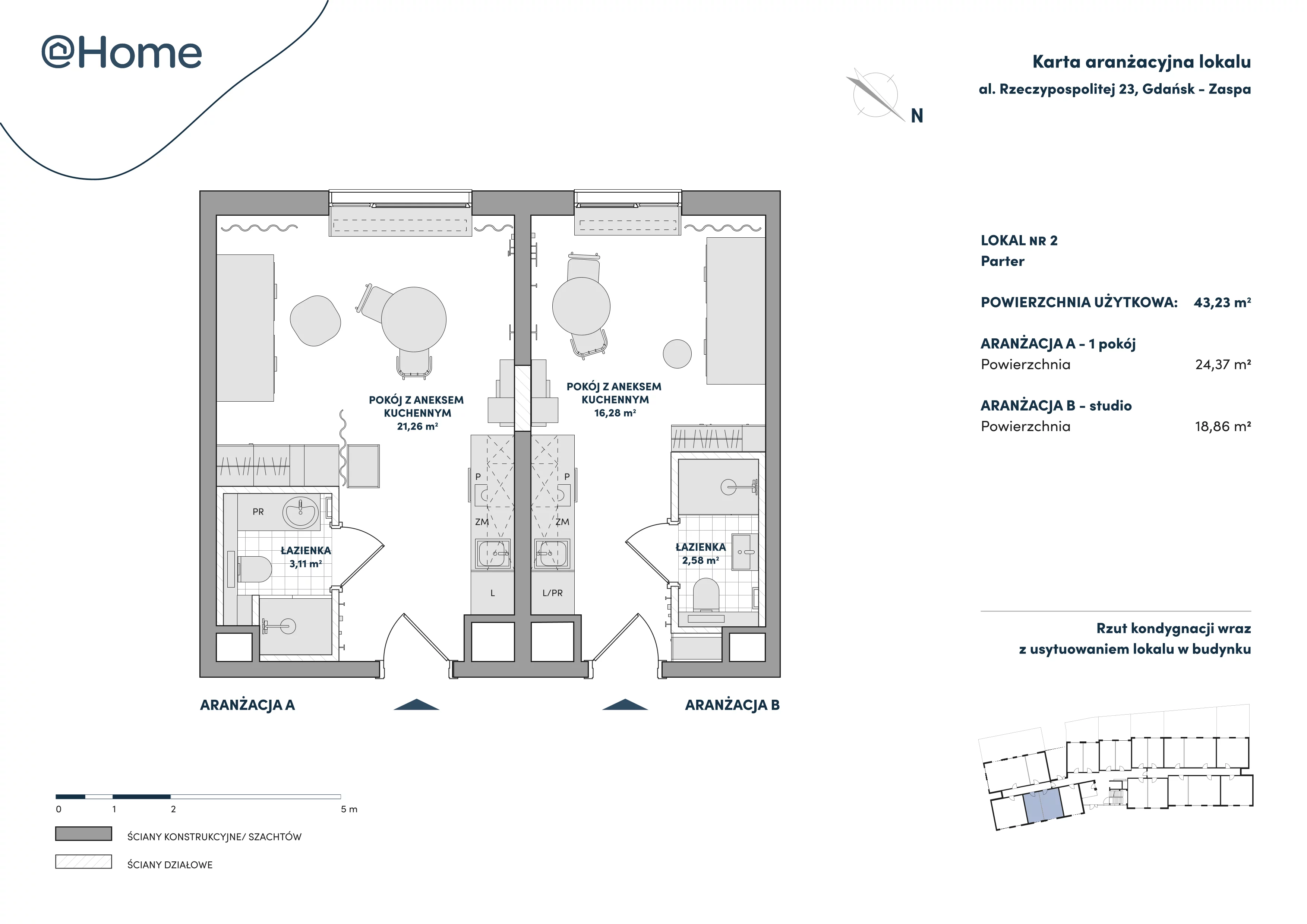 2 pokoje, lokal inwestycyjny 43,23 m², parter, oferta nr 2, At Home, Gdańsk, Zaspa, Al. Rzeczypospolitej 23