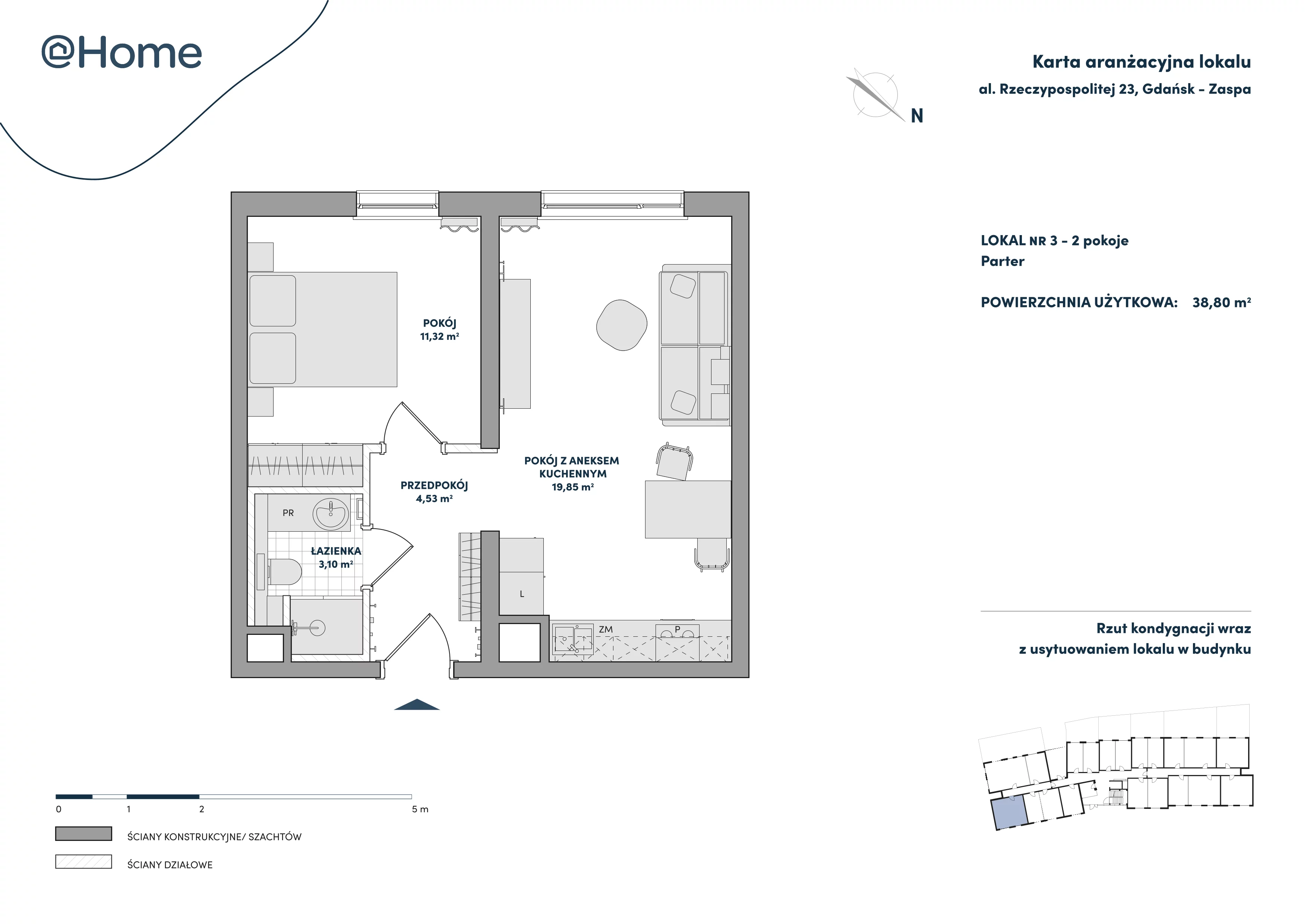 2 pokoje, lokal inwestycyjny 38,80 m², parter, oferta nr 3, At Home, Gdańsk, Zaspa, Al. Rzeczypospolitej 23