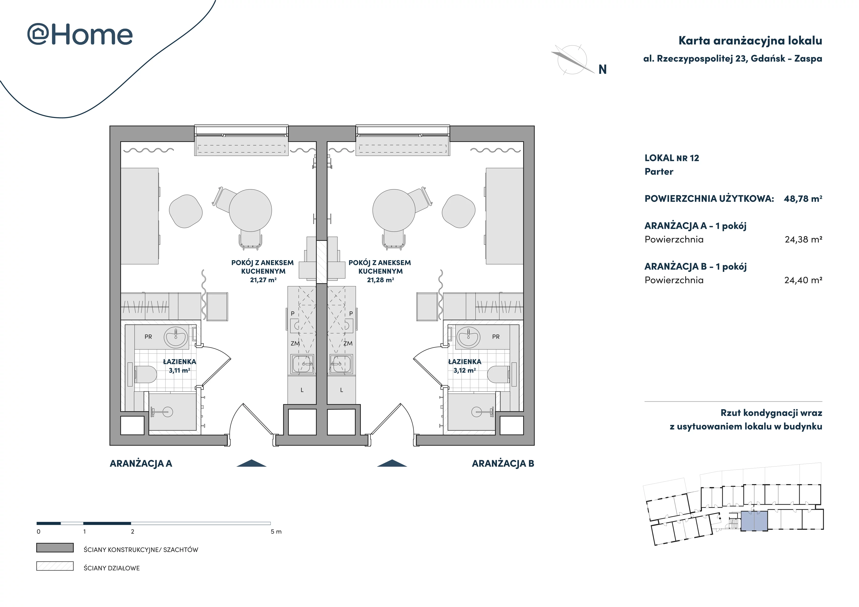 2 pokoje, lokal inwestycyjny 48,78 m², parter, oferta nr 12, At Home, Gdańsk, Zaspa, Al. Rzeczypospolitej 23