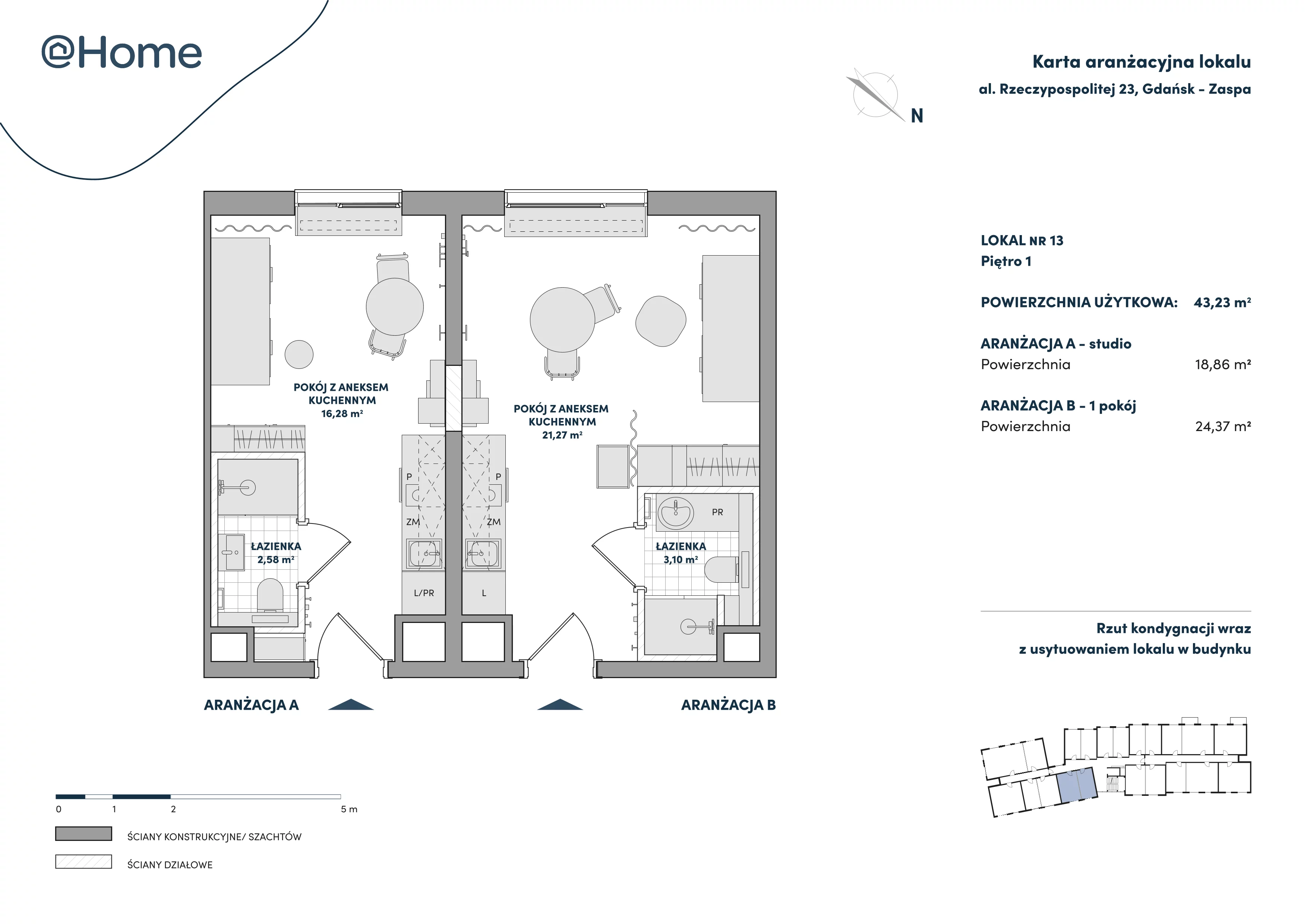 2 pokoje, lokal inwestycyjny 43,23 m², piętro 1, oferta nr 13, At Home, Gdańsk, Zaspa, Al. Rzeczypospolitej 23