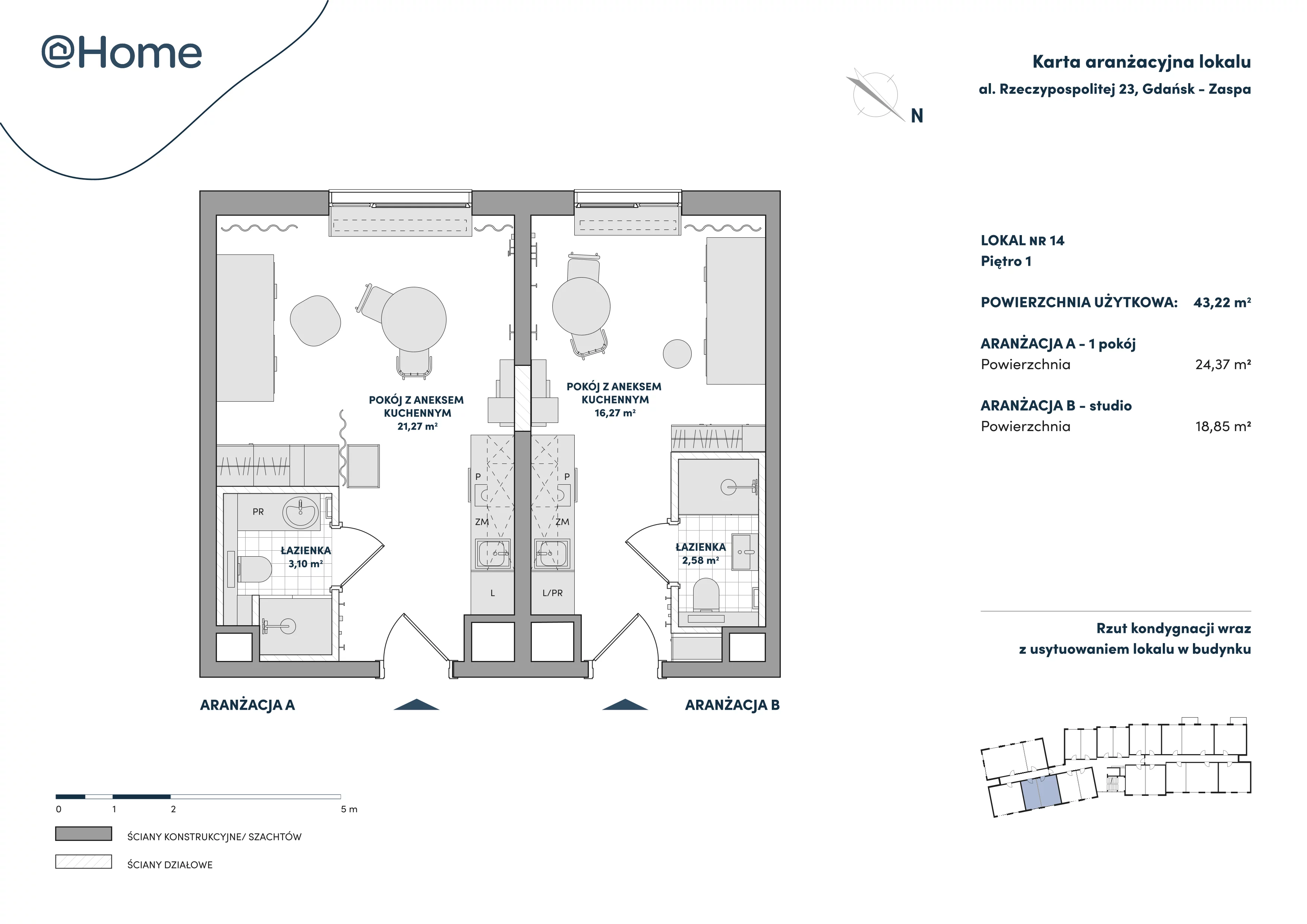 2 pokoje, lokal inwestycyjny 43,22 m², piętro 1, oferta nr 14, At Home, Gdańsk, Zaspa, Al. Rzeczypospolitej 23