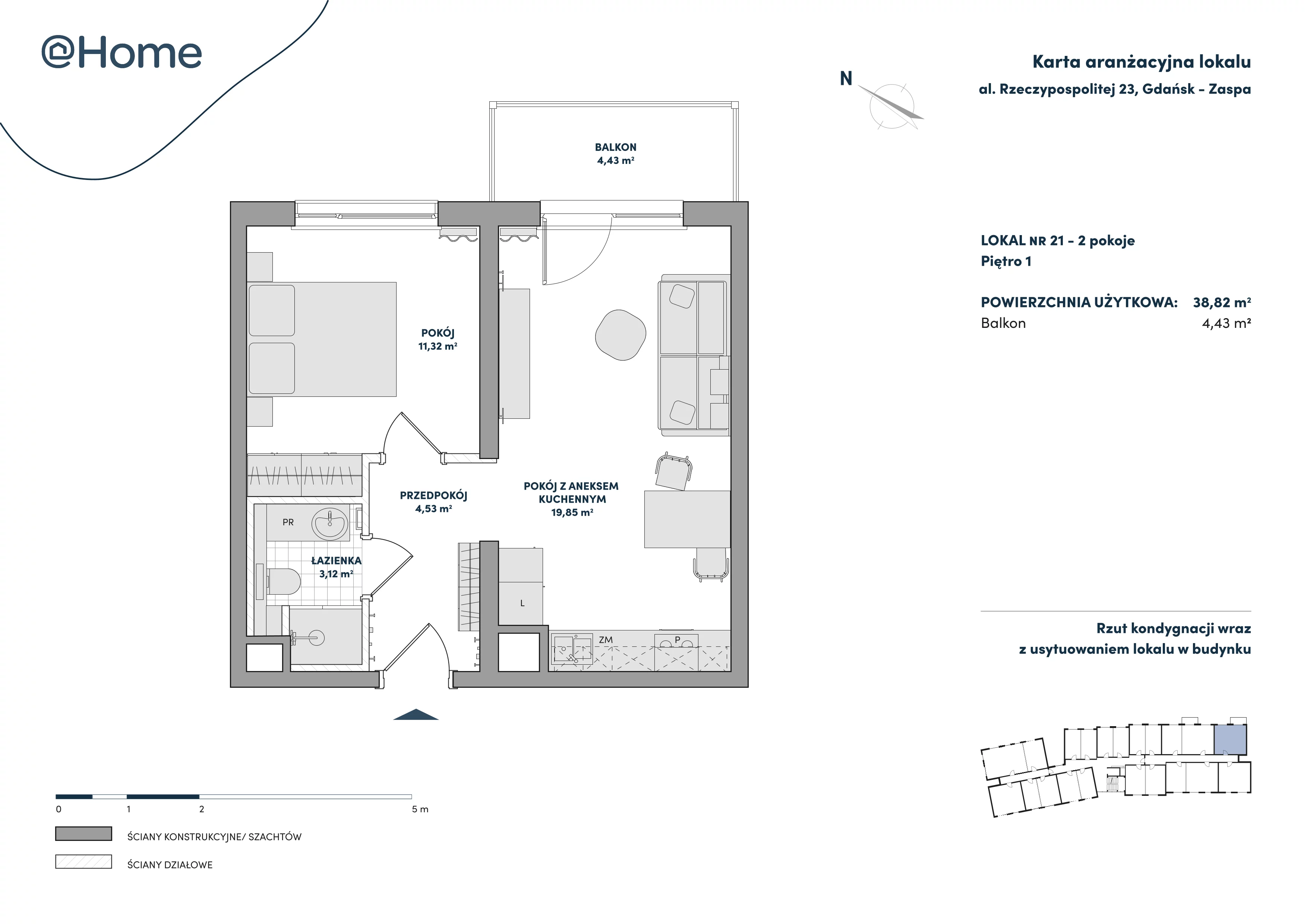 2 pokoje, lokal inwestycyjny 38,82 m², piętro 1, oferta nr 21, At Home, Gdańsk, Zaspa, Al. Rzeczypospolitej 23