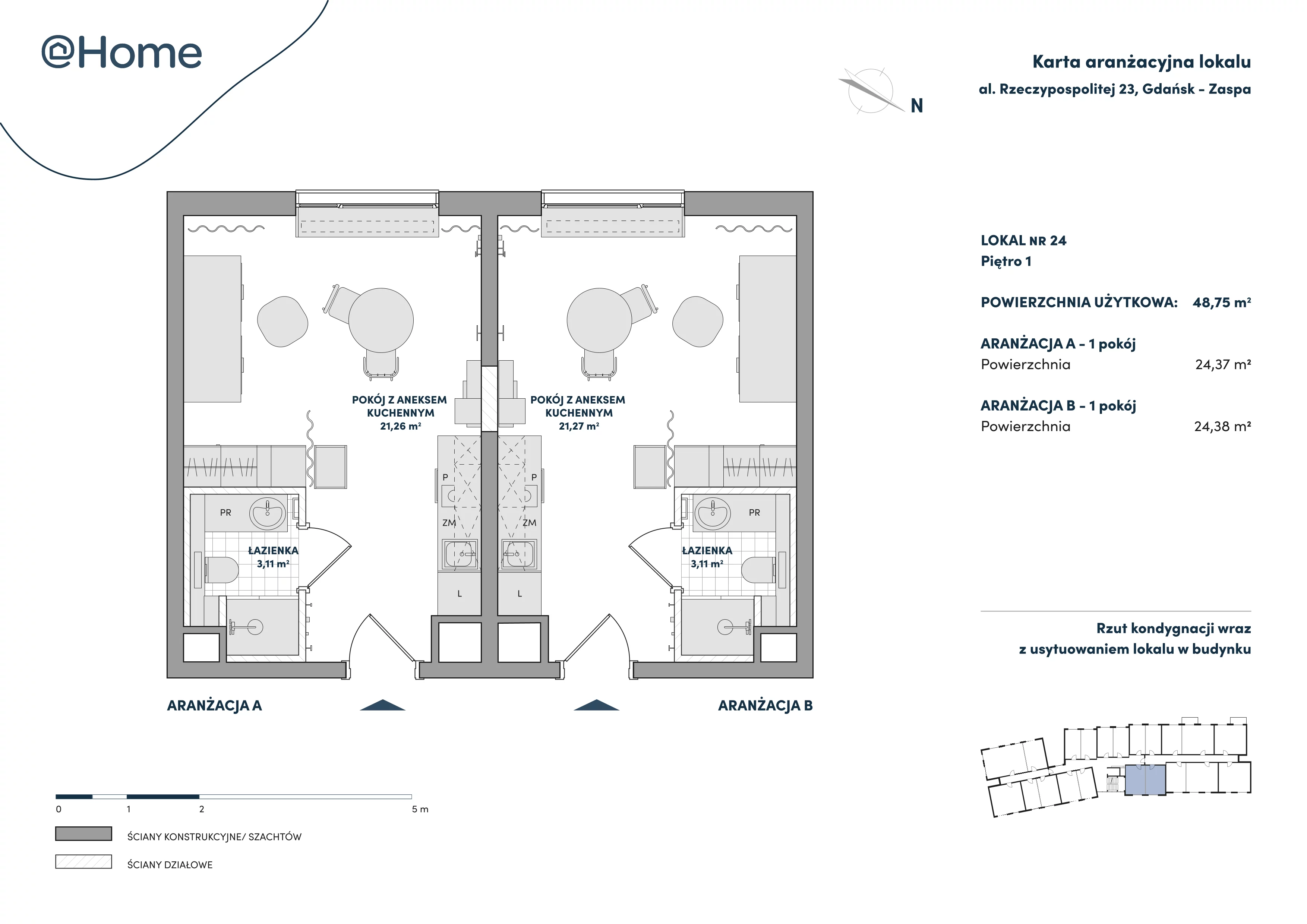 2 pokoje, lokal inwestycyjny 48,75 m², piętro 1, oferta nr 24, At Home, Gdańsk, Zaspa, Al. Rzeczypospolitej 23