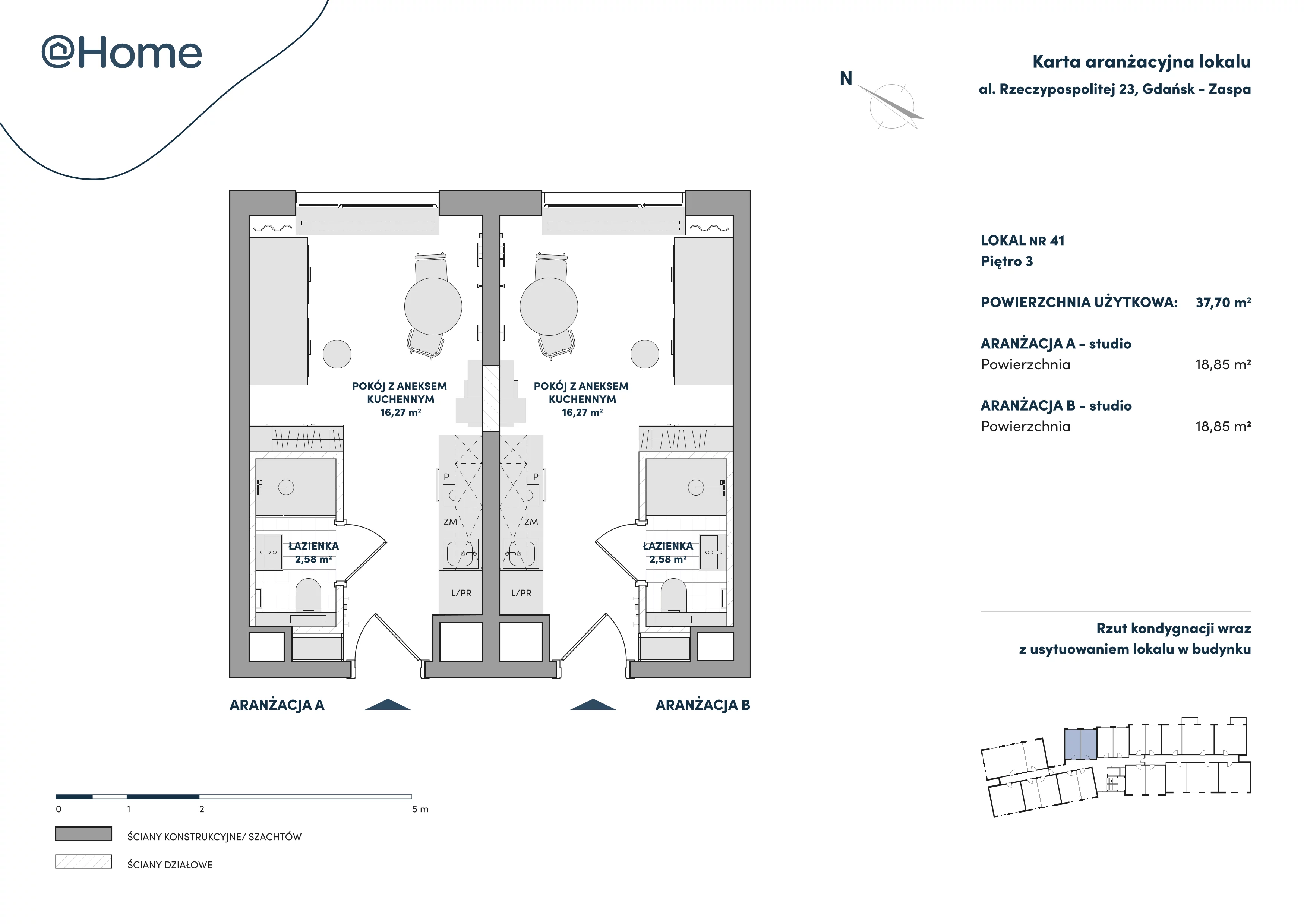 2 pokoje, lokal inwestycyjny 37,70 m², piętro 3, oferta nr 41, At Home, Gdańsk, Zaspa, Al. Rzeczypospolitej 23