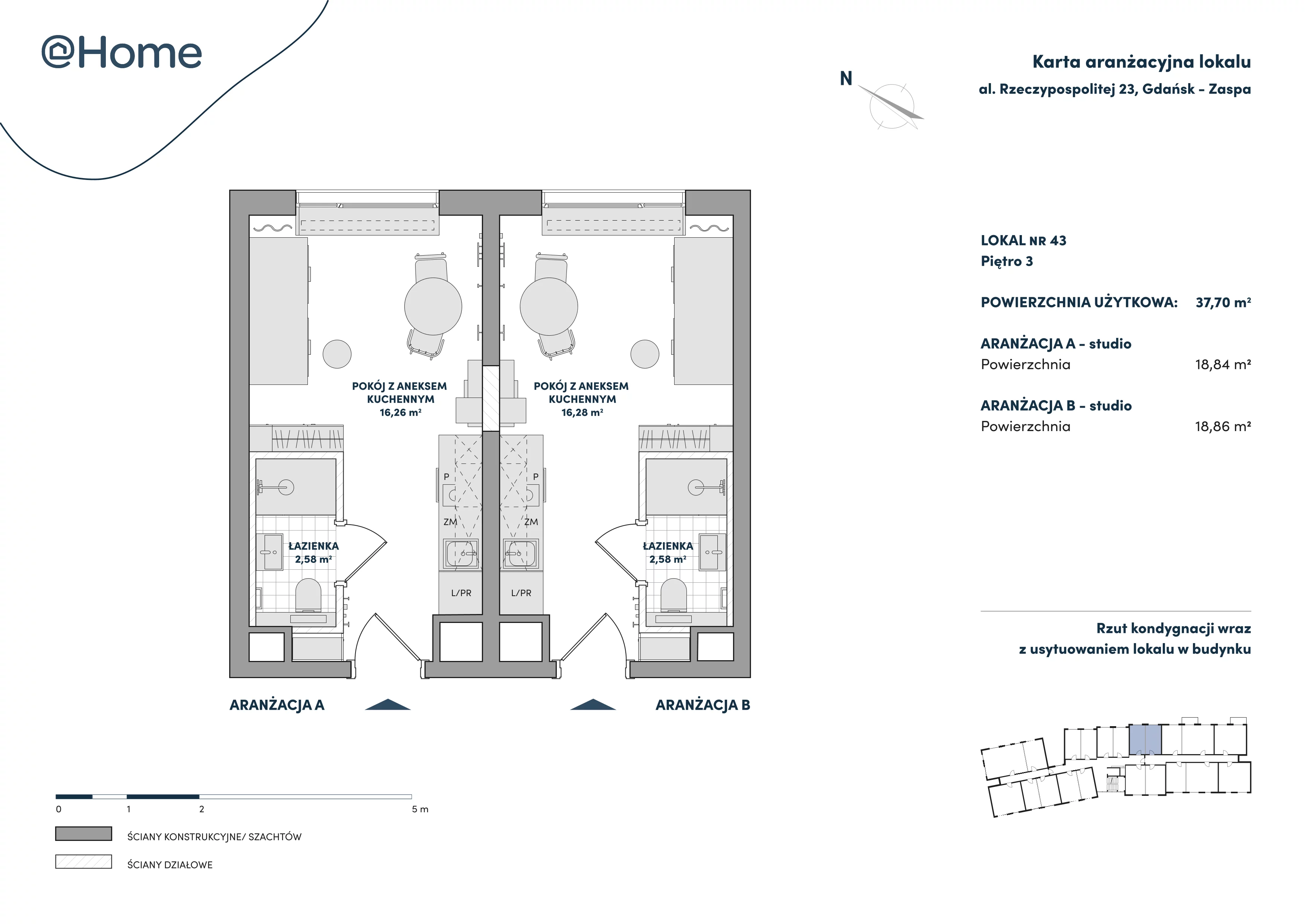 2 pokoje, lokal inwestycyjny 37,70 m², piętro 3, oferta nr 43, At Home, Gdańsk, Zaspa, Al. Rzeczypospolitej 23