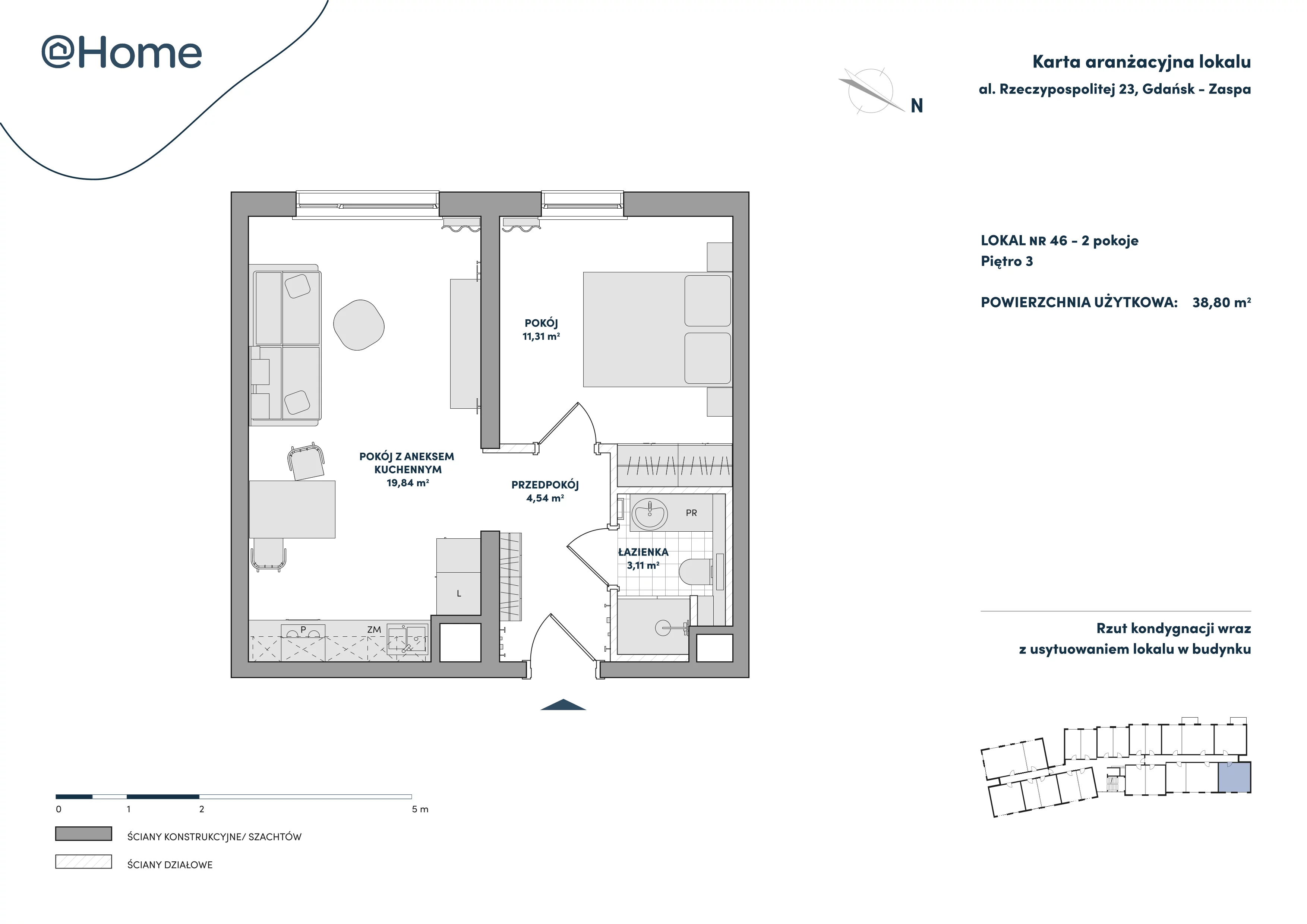 2 pokoje, lokal inwestycyjny 38,80 m², piętro 3, oferta nr 46, At Home, Gdańsk, Zaspa, Al. Rzeczypospolitej 23