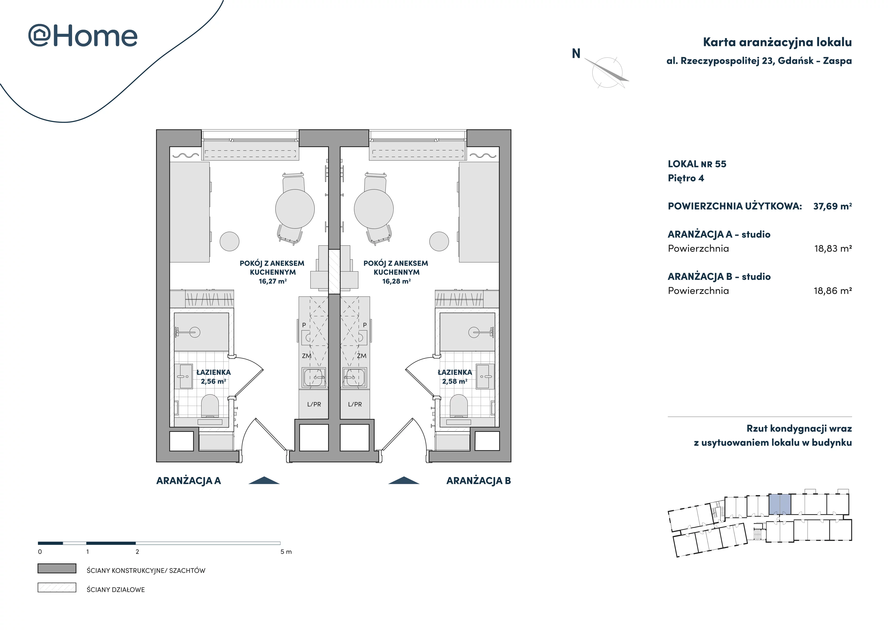 2 pokoje, lokal inwestycyjny 37,69 m², piętro 4, oferta nr 55, At Home, Gdańsk, Zaspa, Al. Rzeczypospolitej 23
