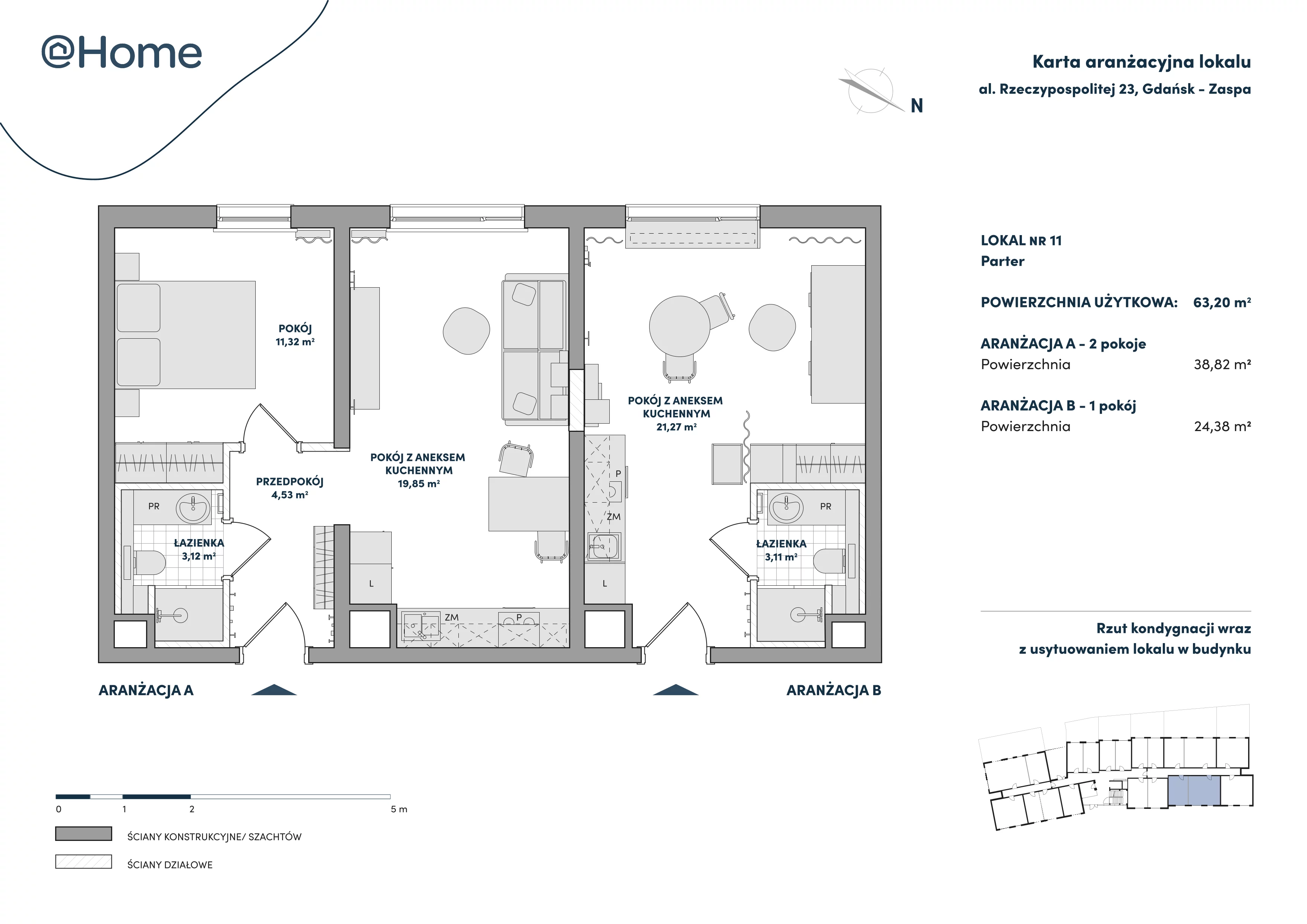 3 pokoje, lokal inwestycyjny 63,20 m², parter, oferta nr 11, At Home, Gdańsk, Zaspa, Al. Rzeczypospolitej 23
