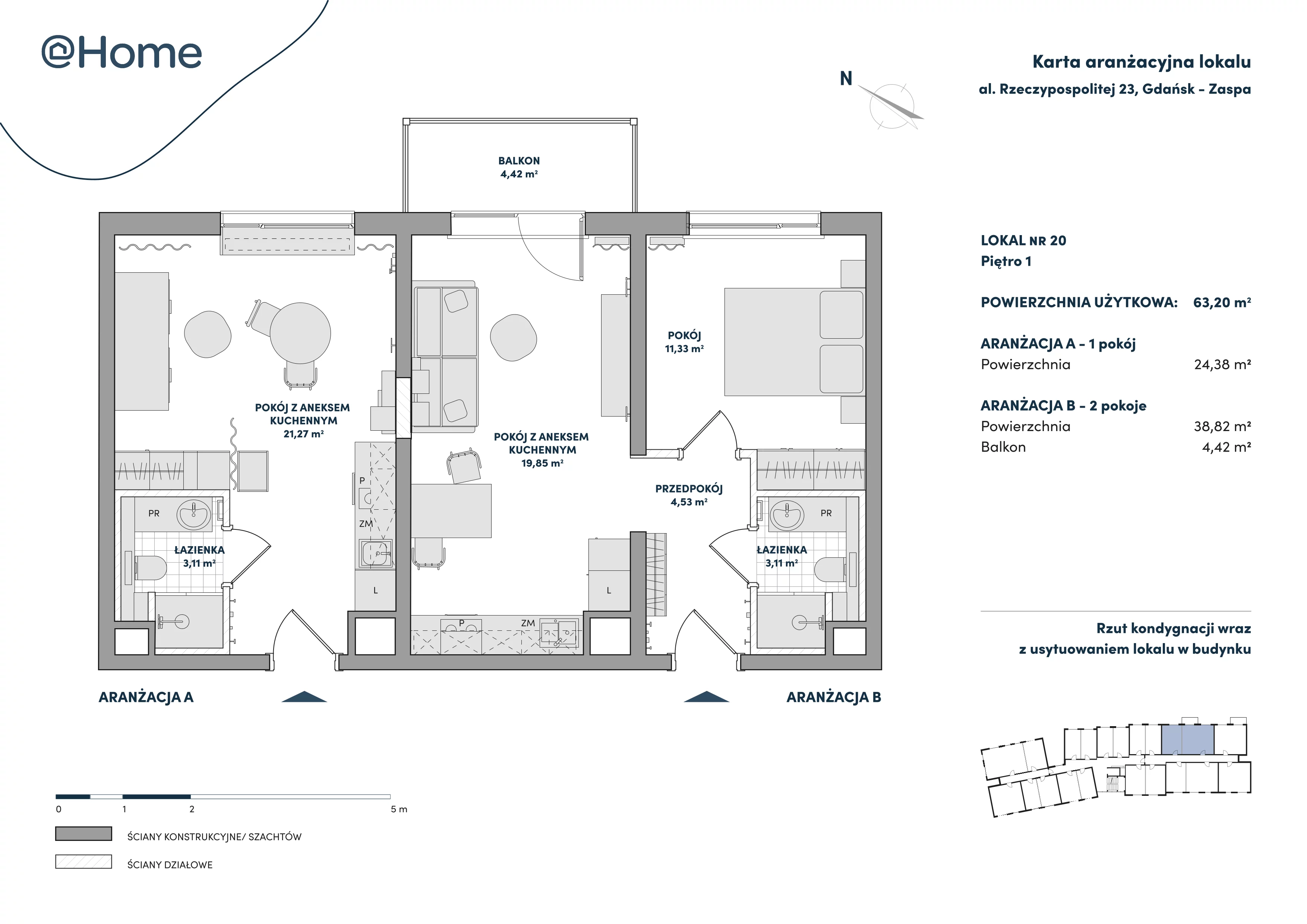 3 pokoje, lokal inwestycyjny 63,20 m², piętro 1, oferta nr 20, At Home, Gdańsk, Zaspa, Al. Rzeczypospolitej 23