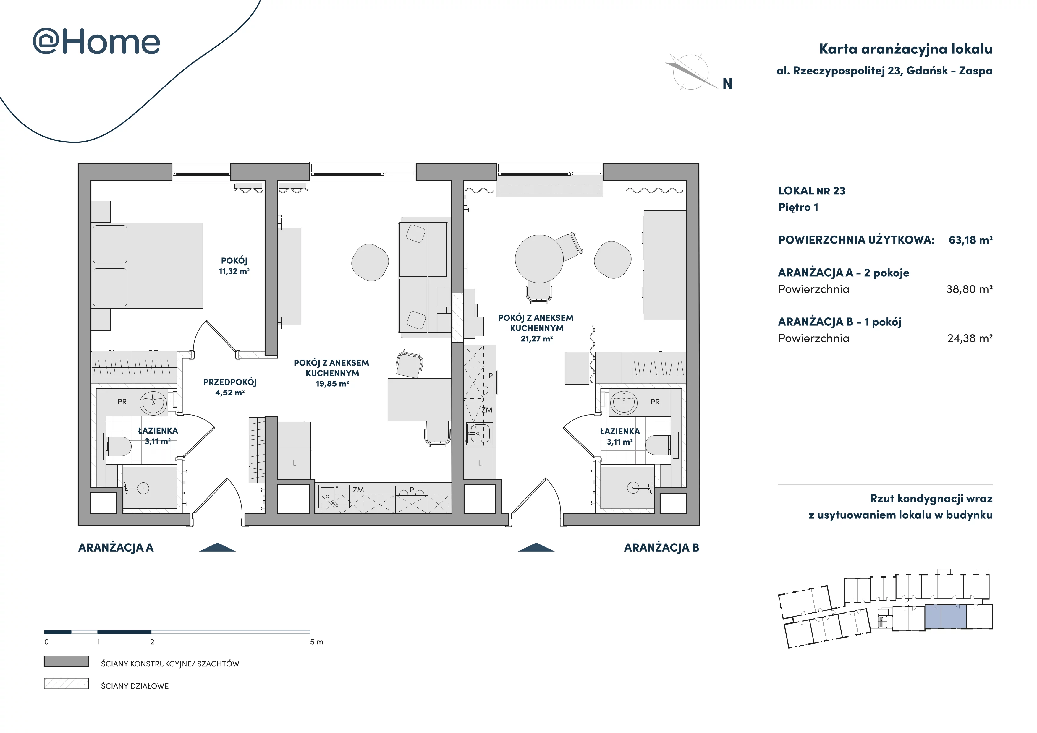 3 pokoje, lokal inwestycyjny 63,18 m², piętro 1, oferta nr 23, At Home, Gdańsk, Zaspa, Al. Rzeczypospolitej 23