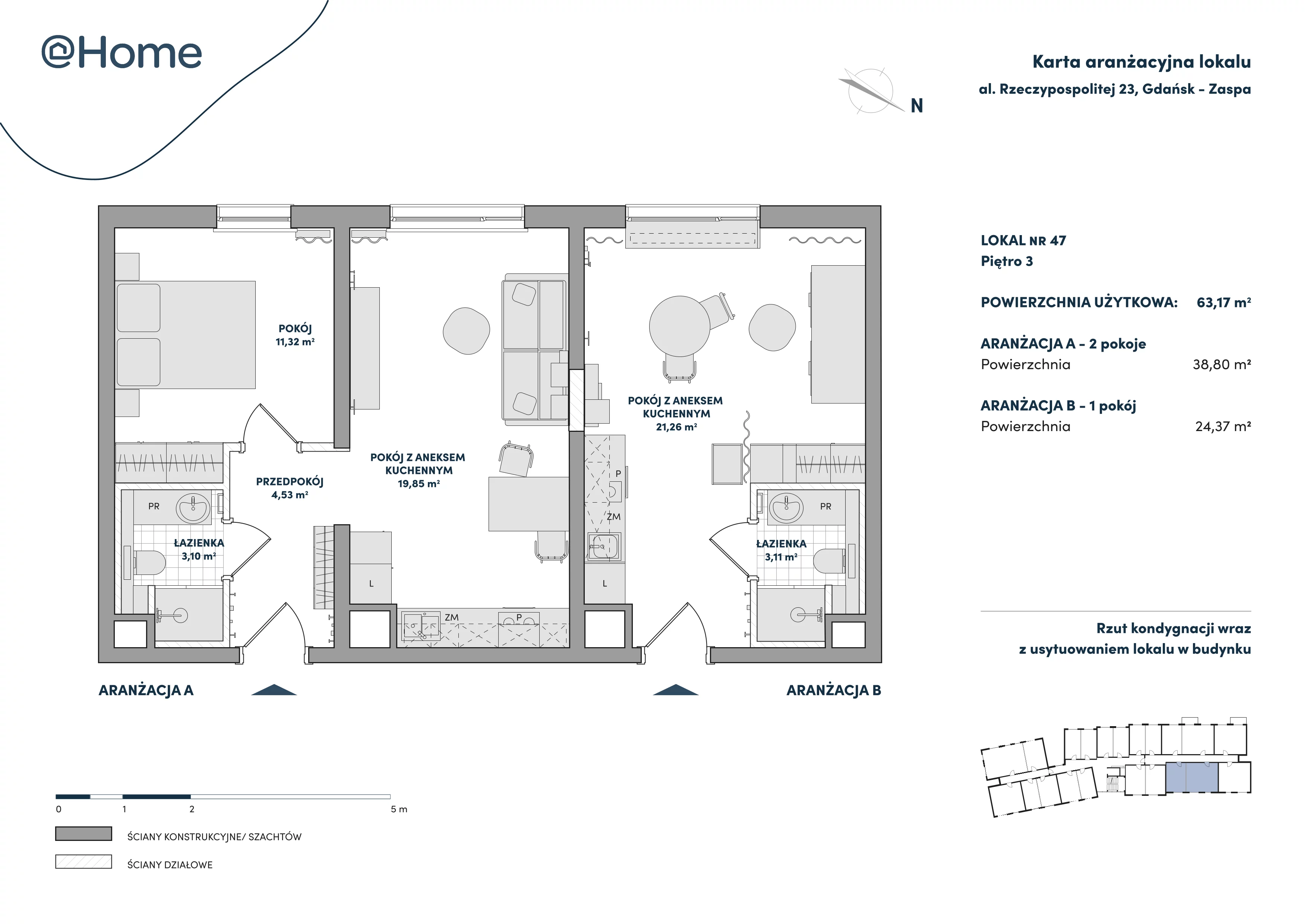 3 pokoje, lokal inwestycyjny 63,17 m², piętro 3, oferta nr 47, At Home, Gdańsk, Zaspa, Al. Rzeczypospolitej 23