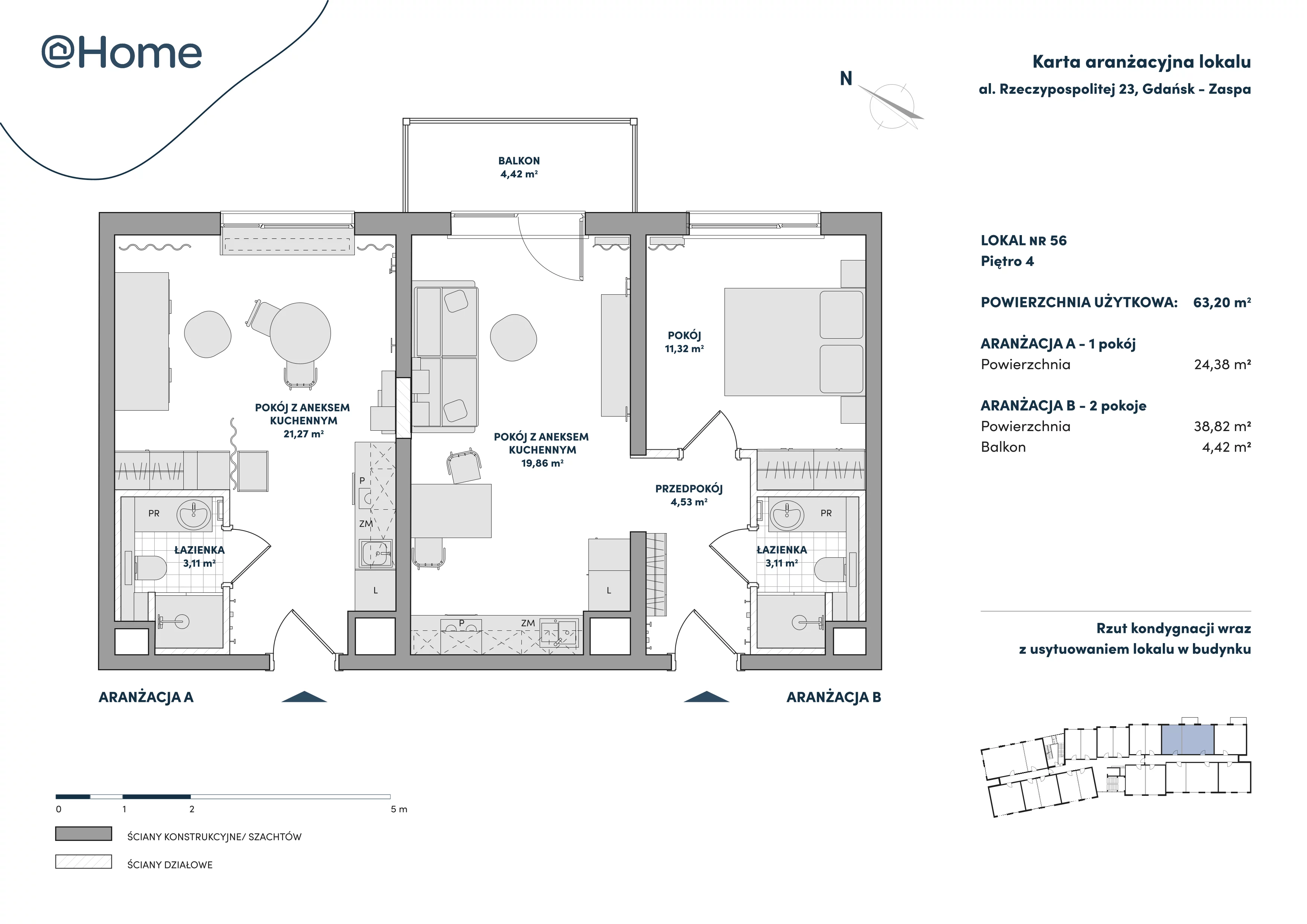 3 pokoje, lokal inwestycyjny 63,20 m², piętro 4, oferta nr 56, At Home, Gdańsk, Zaspa, Al. Rzeczypospolitej 23