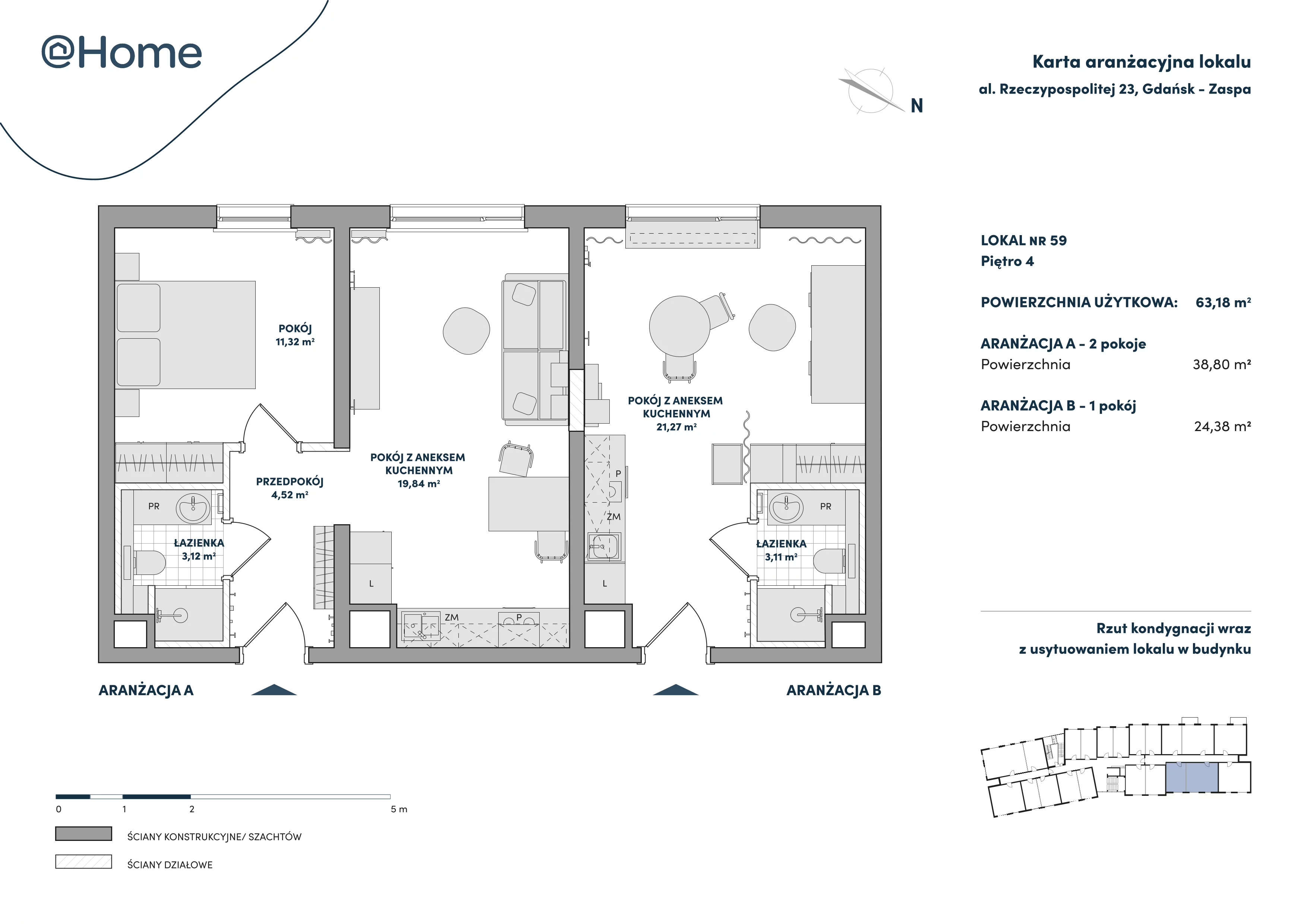 3 pokoje, lokal inwestycyjny 63,18 m², piętro 4, oferta nr 59, At Home, Gdańsk, Zaspa, Al. Rzeczypospolitej 23