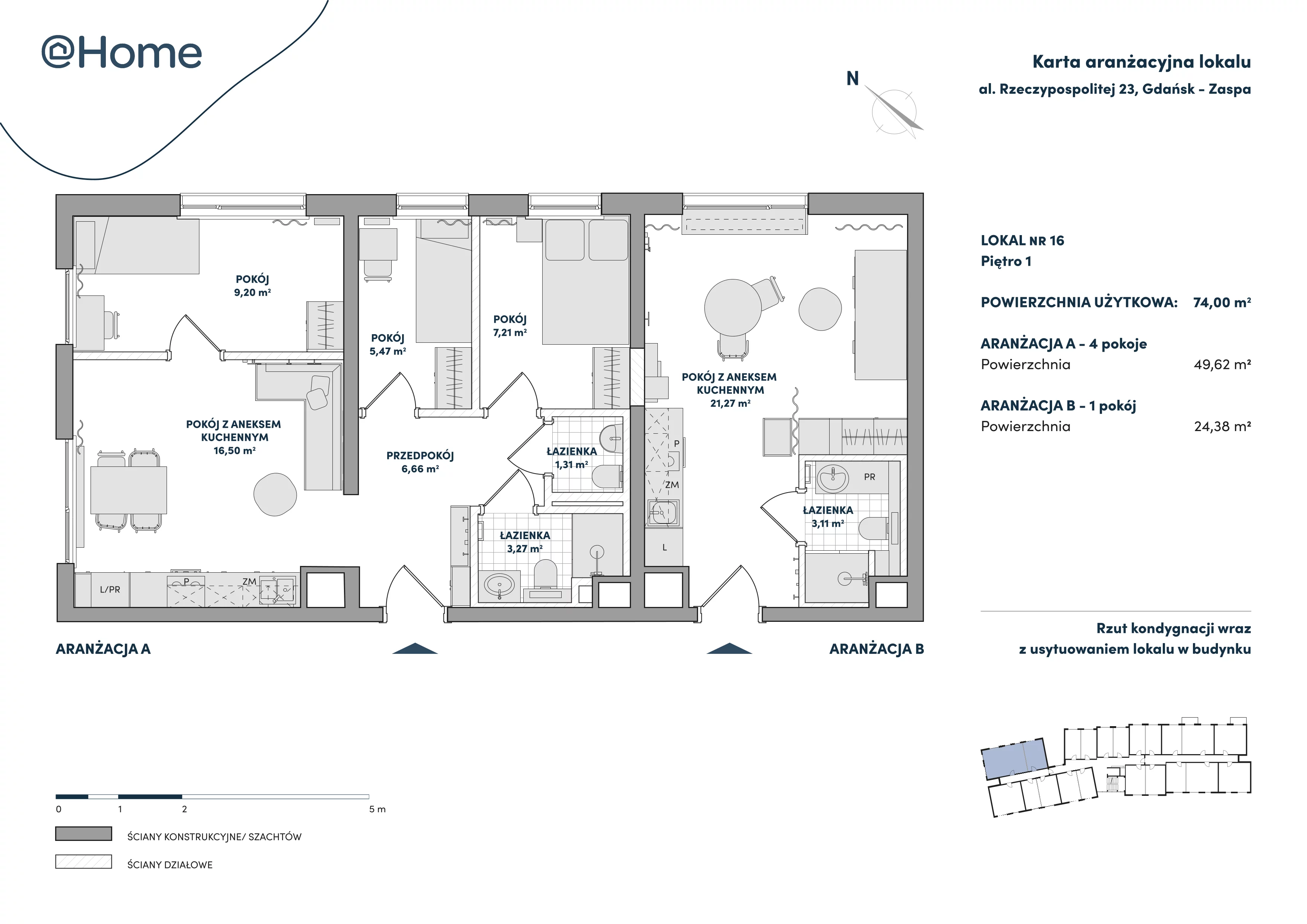 5 pokoi, lokal inwestycyjny 74,00 m², piętro 1, oferta nr 16, At Home, Gdańsk, Zaspa, Al. Rzeczypospolitej 23