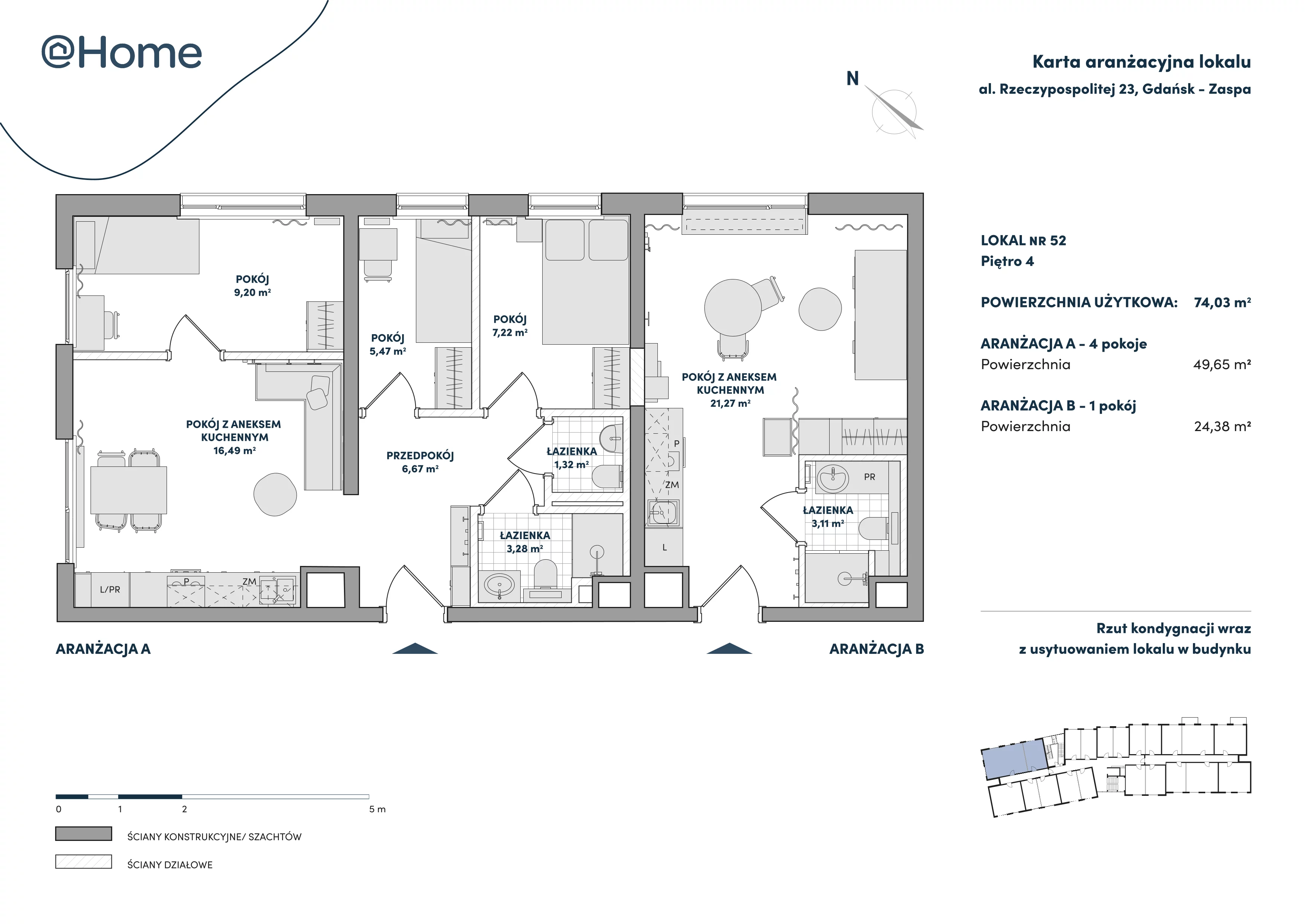 5 pokoi, lokal inwestycyjny 74,03 m², piętro 4, oferta nr 52, At Home, Gdańsk, Zaspa, Al. Rzeczypospolitej 23