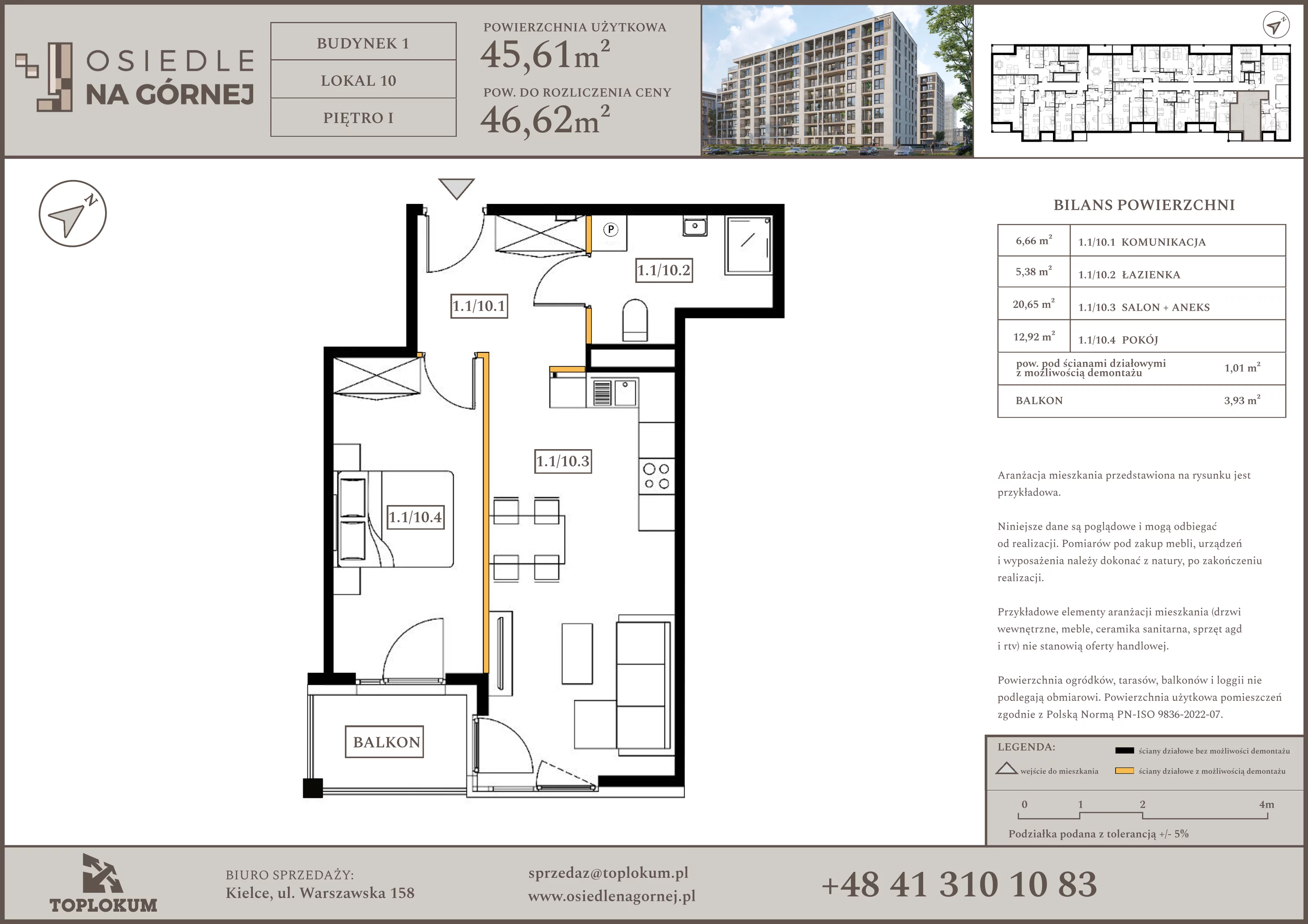 2 pokoje, mieszkanie 45,61 m², piętro 1, oferta nr 10, Osiedle na Górnej etap V, Kielce, Nowy Folwark, ul. Zbożowa