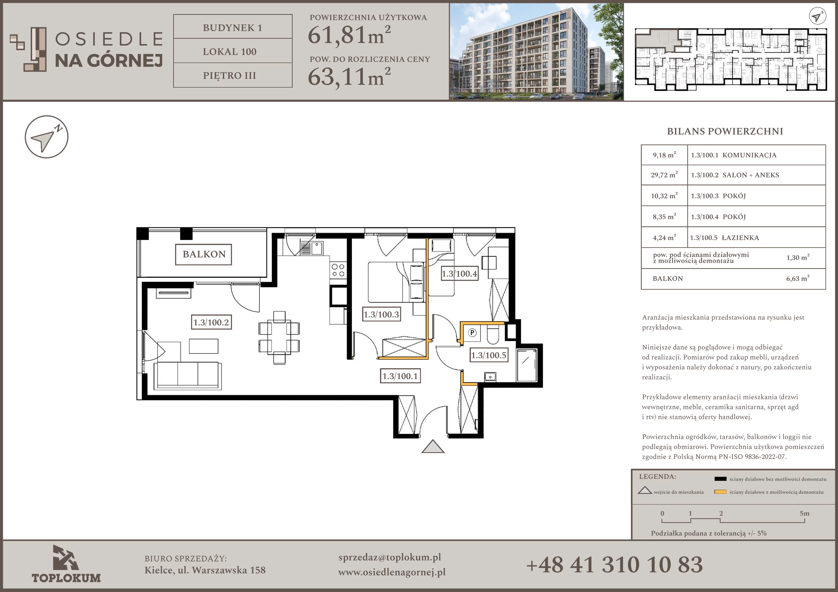 3 pokoje, mieszkanie 61,81 m², piętro 3, oferta nr 100, Osiedle na Górnej etap V, Kielce, Nowy Folwark, ul. Zbożowa