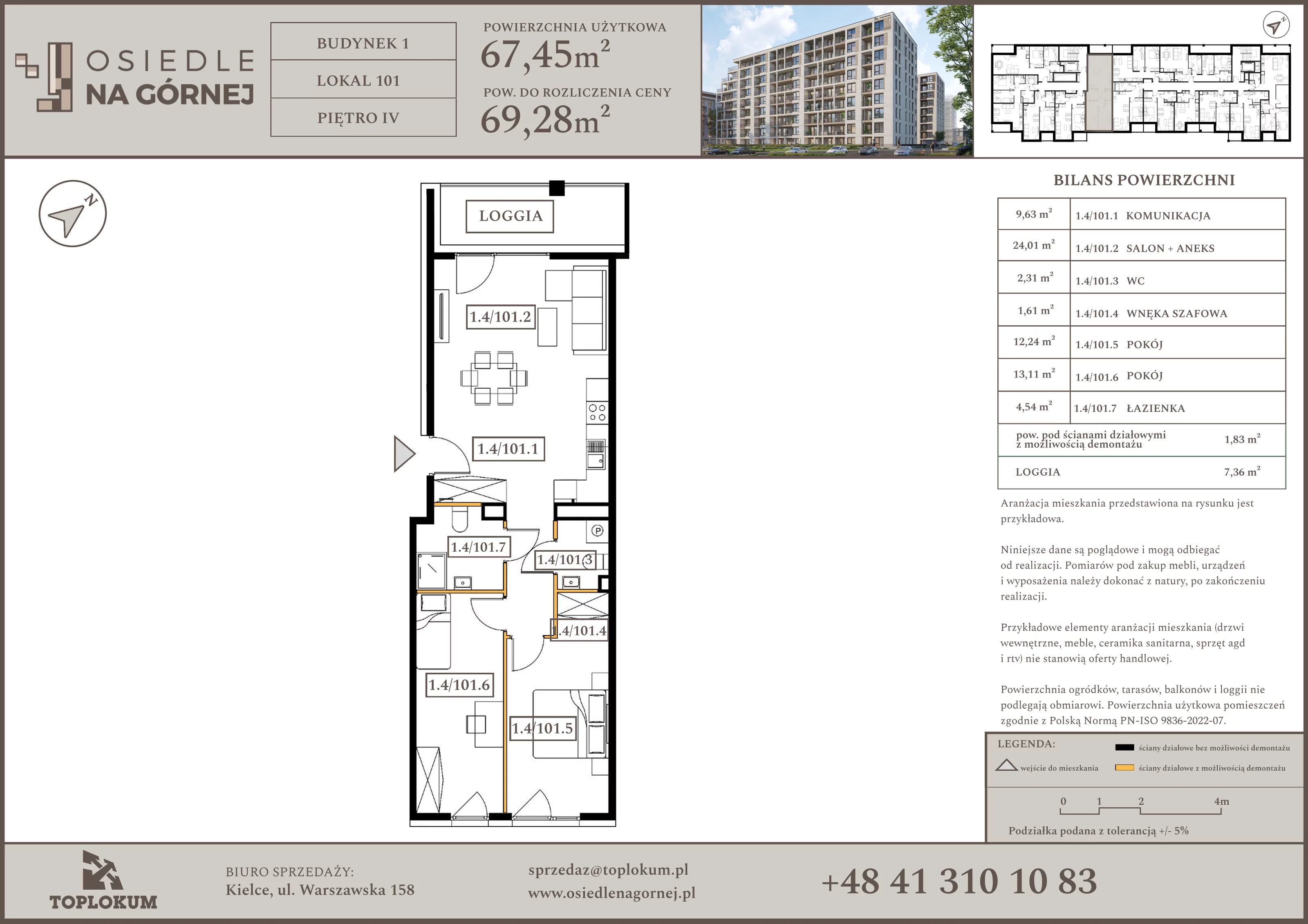 3 pokoje, mieszkanie 67,45 m², piętro 4, oferta nr 101, Osiedle na Górnej etap V, Kielce, Nowy Folwark, ul. Zbożowa