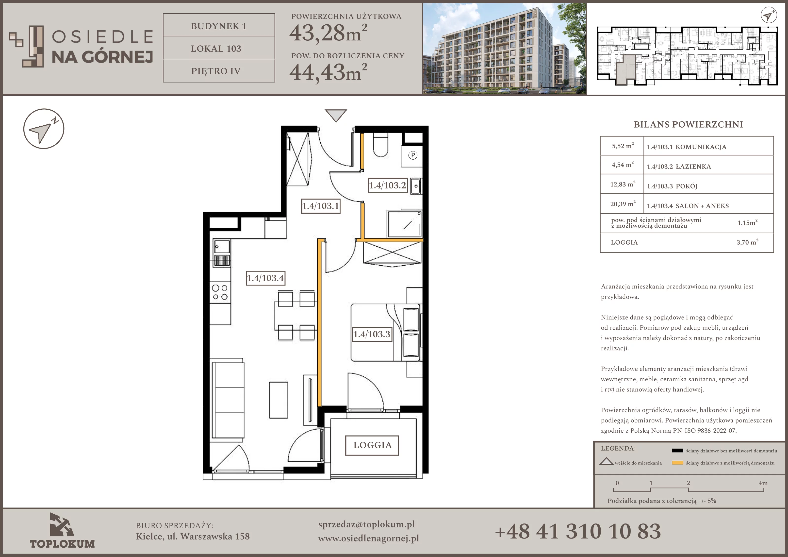 2 pokoje, mieszkanie 43,28 m², piętro 4, oferta nr 103, Osiedle na Górnej etap V, Kielce, Nowy Folwark, ul. Zbożowa