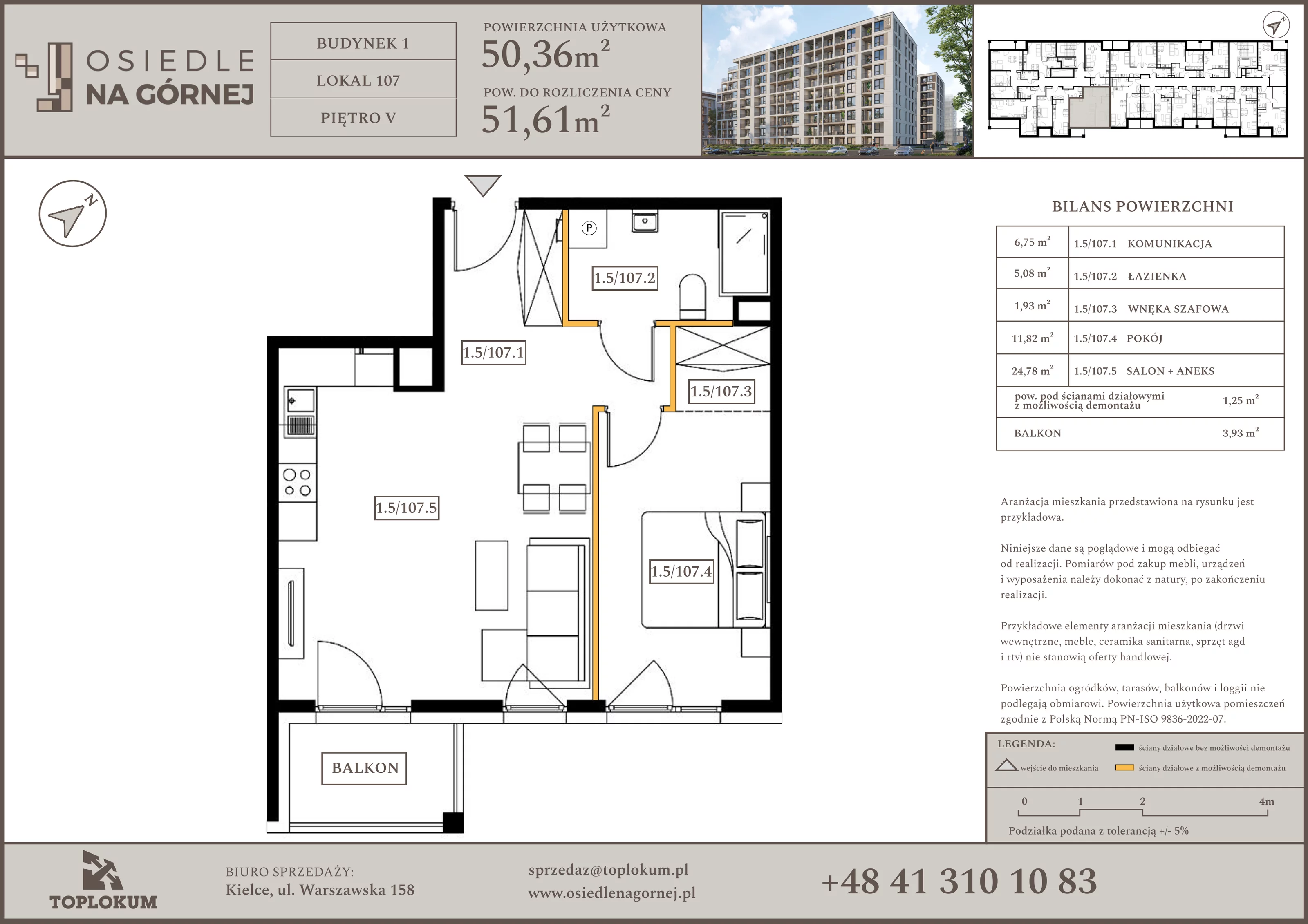 2 pokoje, mieszkanie 50,36 m², piętro 5, oferta nr 107, Osiedle na Górnej etap V, Kielce, Nowy Folwark, ul. Zbożowa