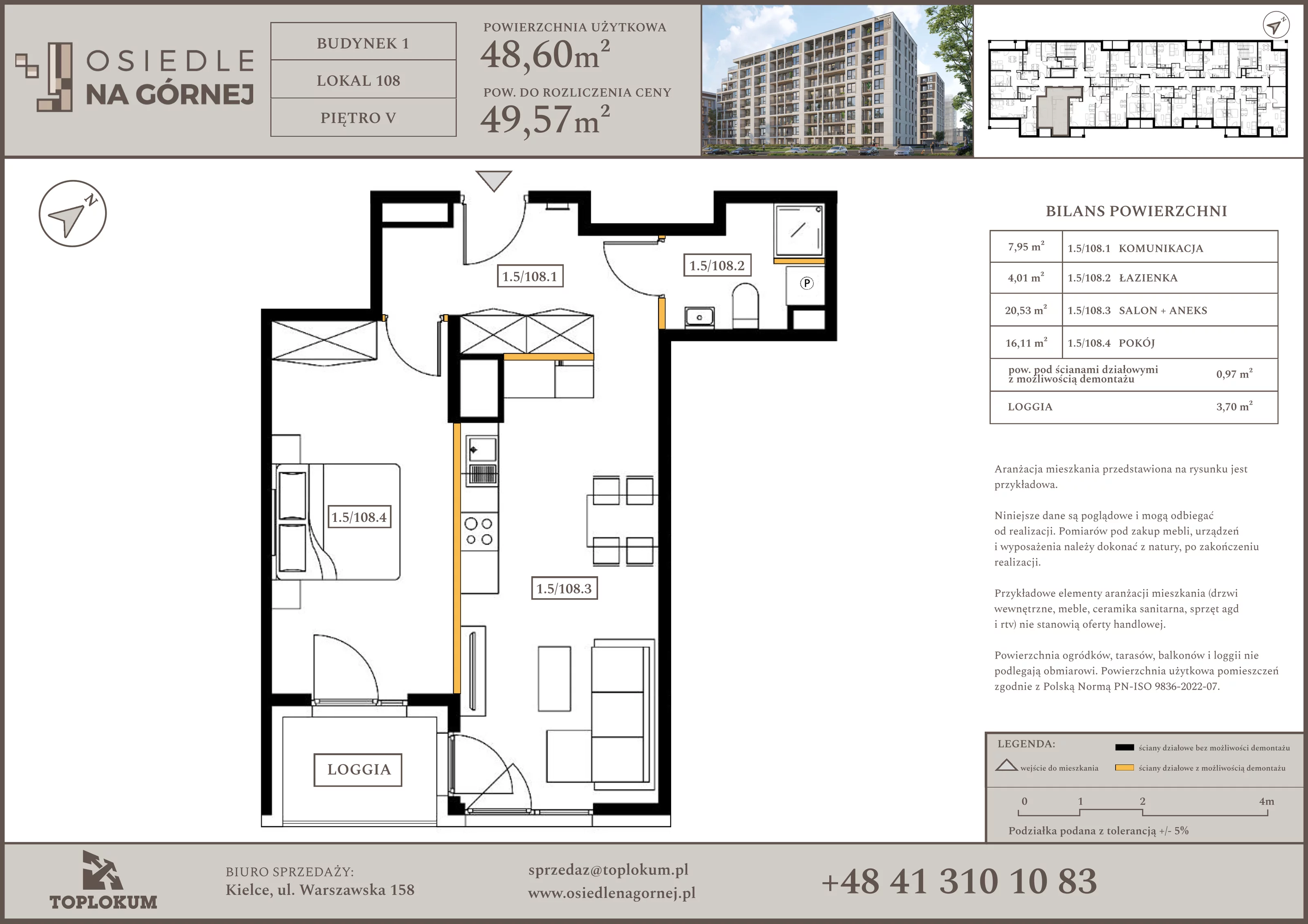 2 pokoje, mieszkanie 48,60 m², piętro 5, oferta nr 108, Osiedle na Górnej etap V, Kielce, Nowy Folwark, ul. Zbożowa