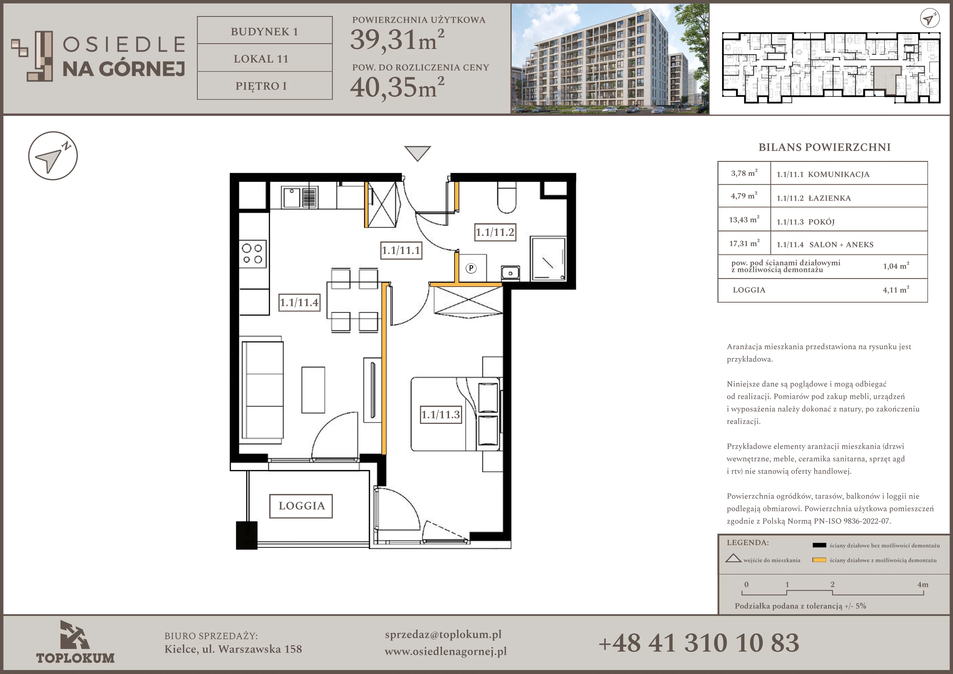 2 pokoje, mieszkanie 39,31 m², piętro 1, oferta nr 11, Osiedle na Górnej etap V, Kielce, Nowy Folwark, ul. Zbożowa